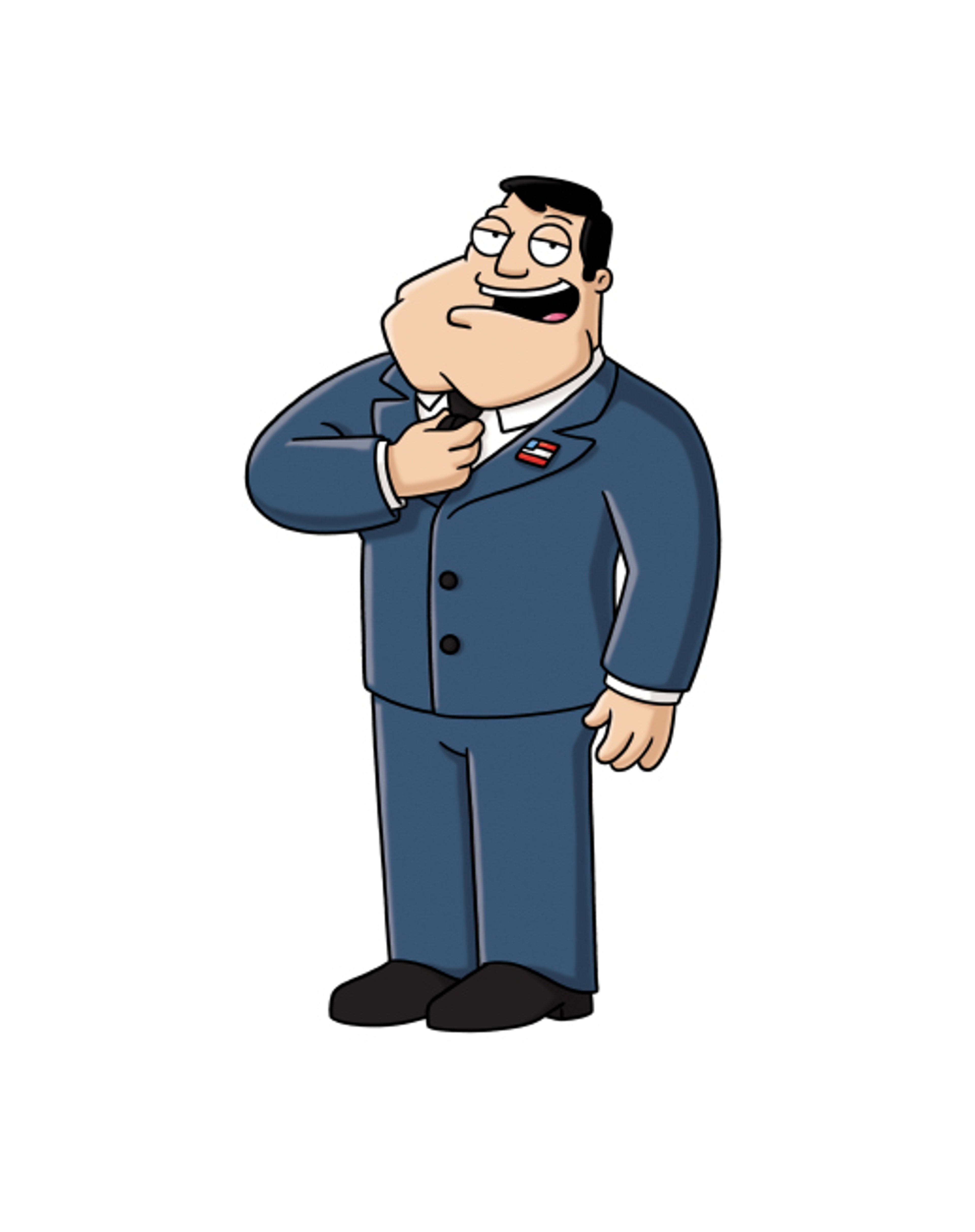 An animated character named Stan Smith, a middle-aged Caucasian man in a blue suit with a red tie and American flag pin