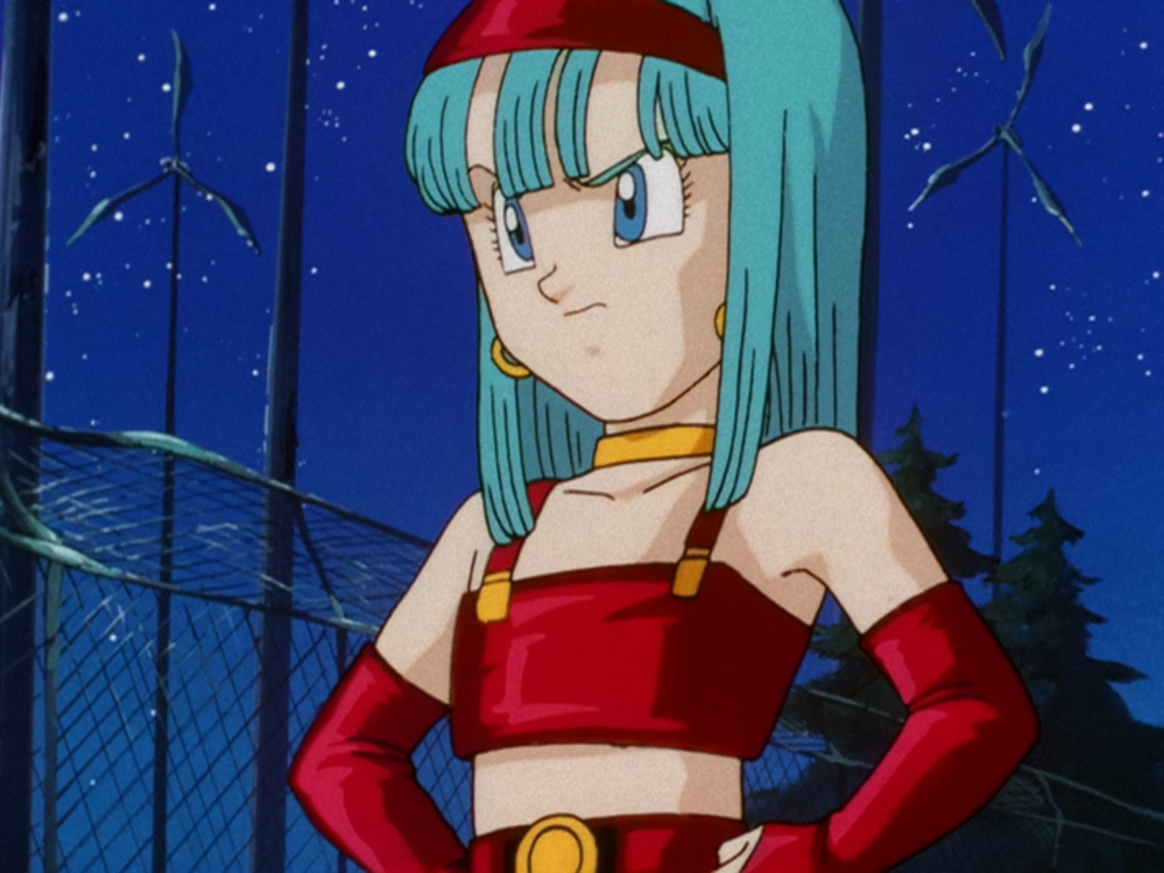 An anime-style character with blue hair, red clothing, and a confident expression
