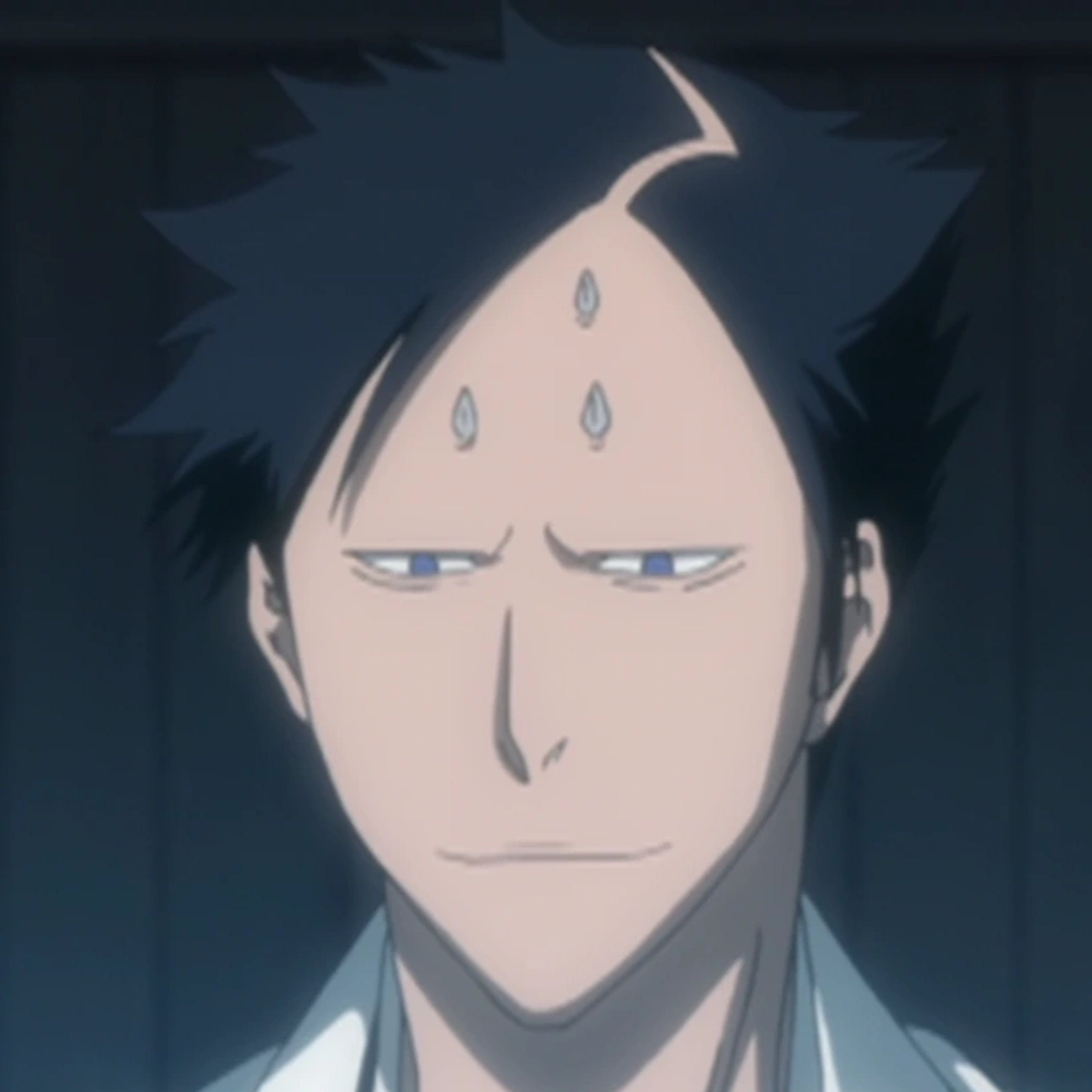 A serious-looking Shinigami character with short, spiky black hair and three small horns on his forehead.