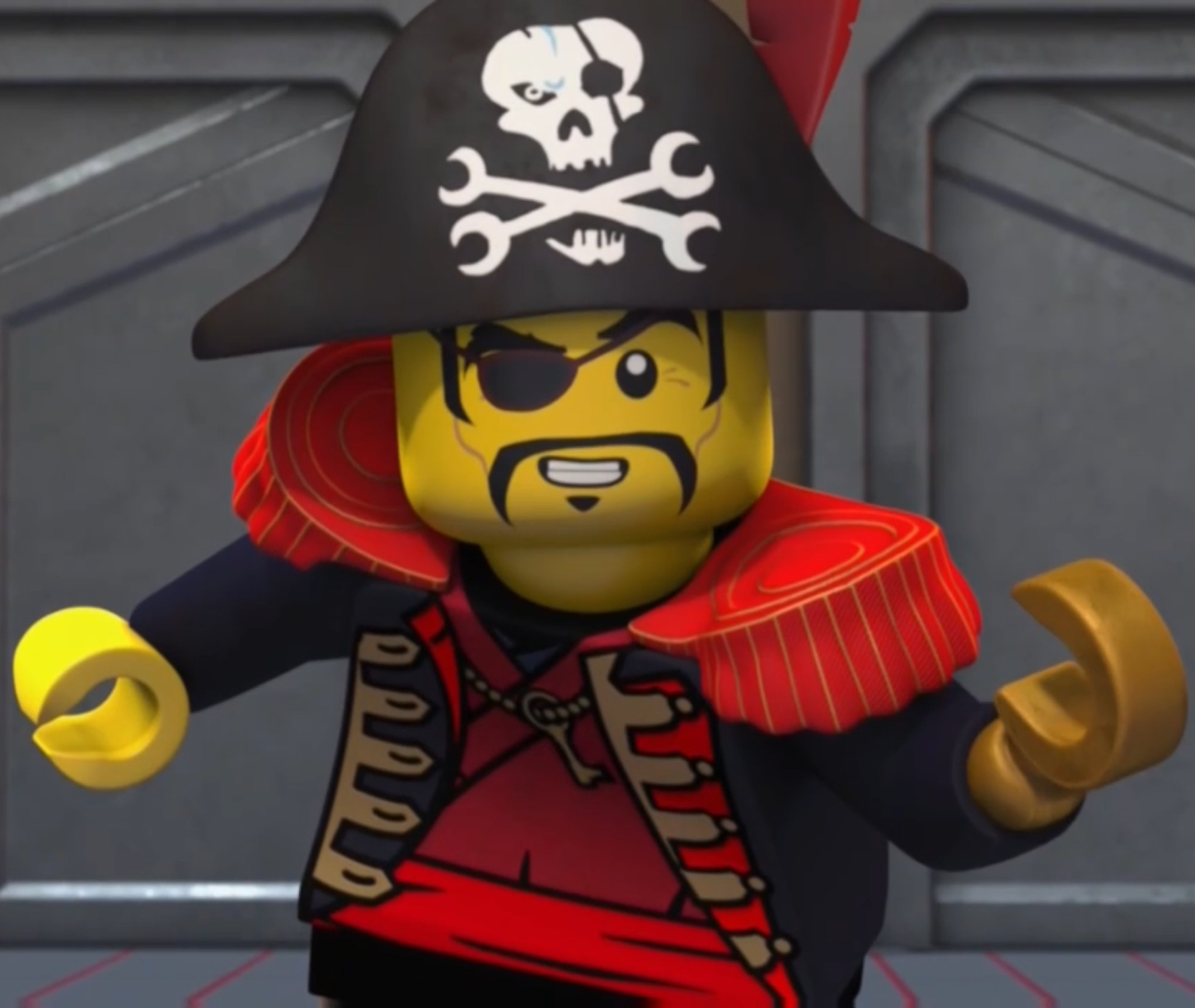 A Lego minifigure of a pirate captain with a hook hand and peg leg, wearing a red coat and black hat with a feather plume.