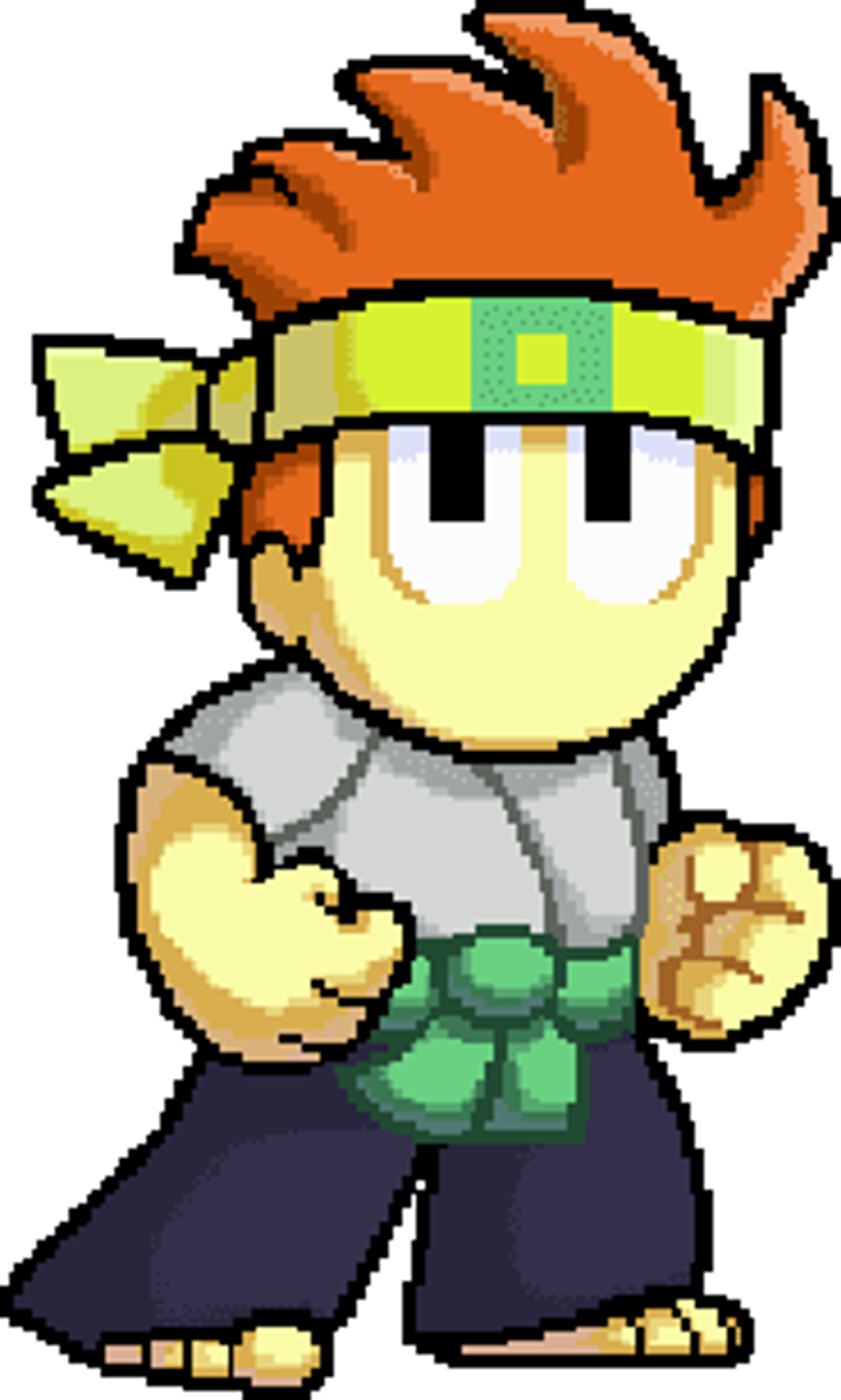 An animated character with orange spiky hair, wearing a gray top, green belt, and blue pants.