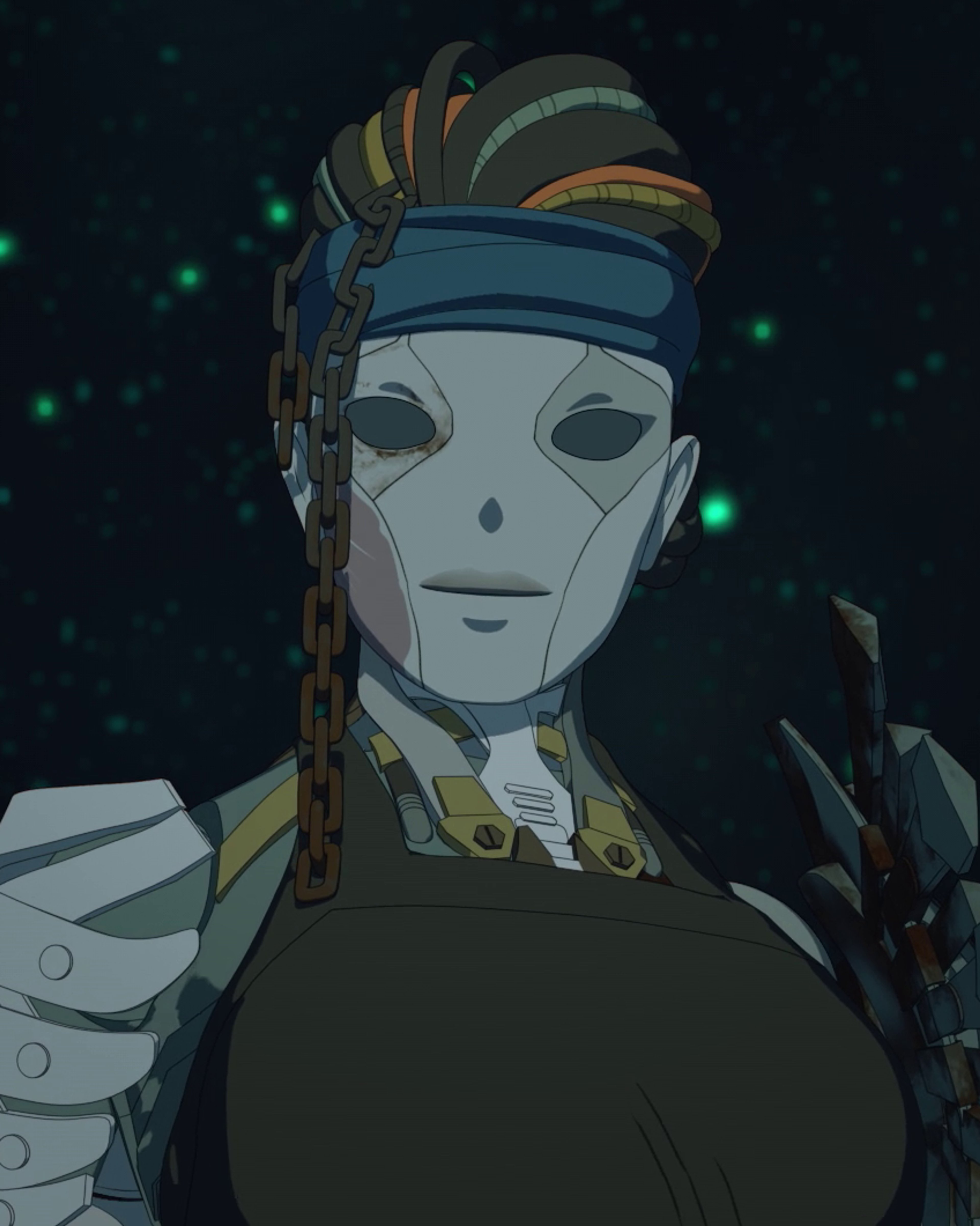 A tall, mechanical woman with a skeletal frame and a wooden trunk protruding from her back, resembling a tree.