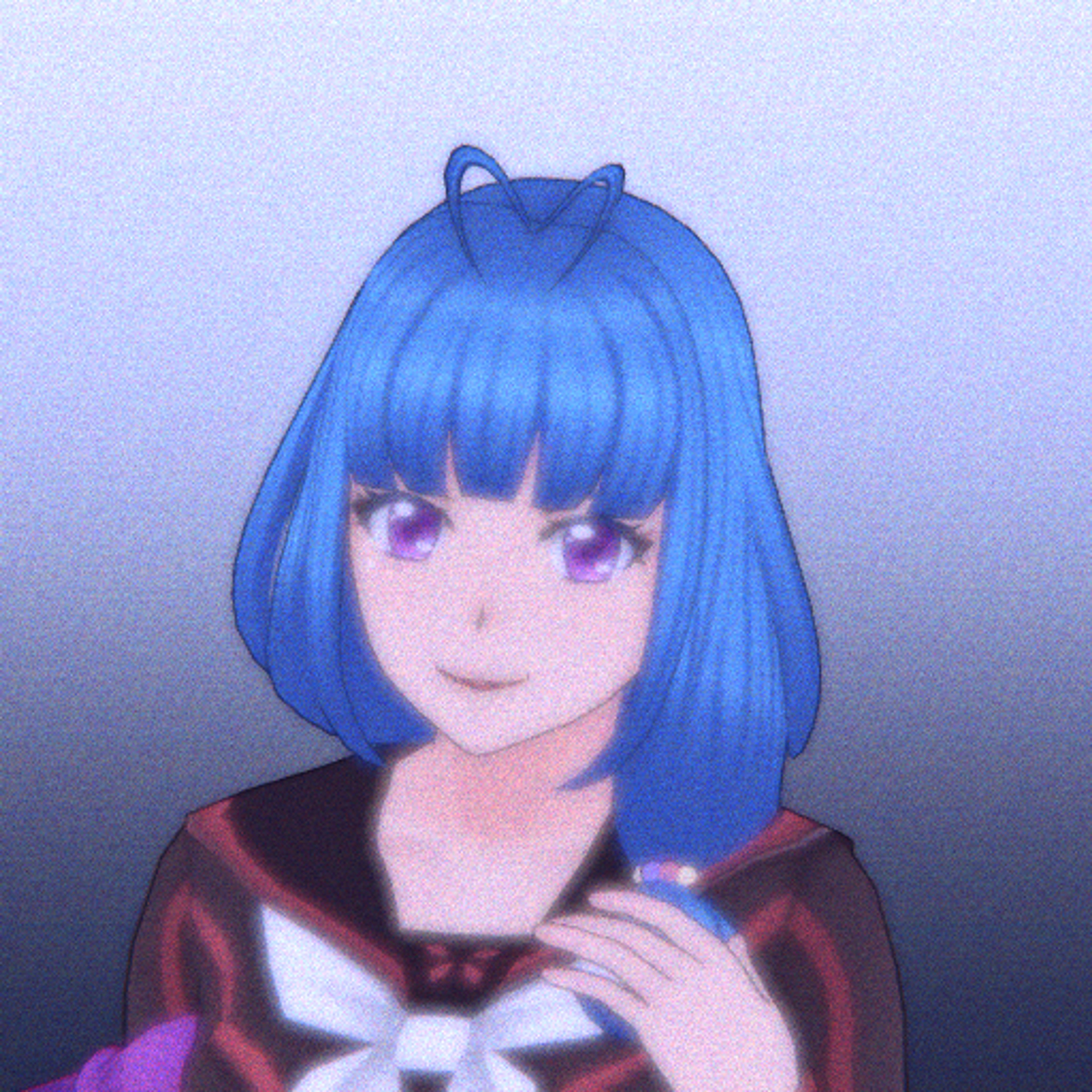 An anime-style character with blue hair and purple eyes wearing a red and black school uniform