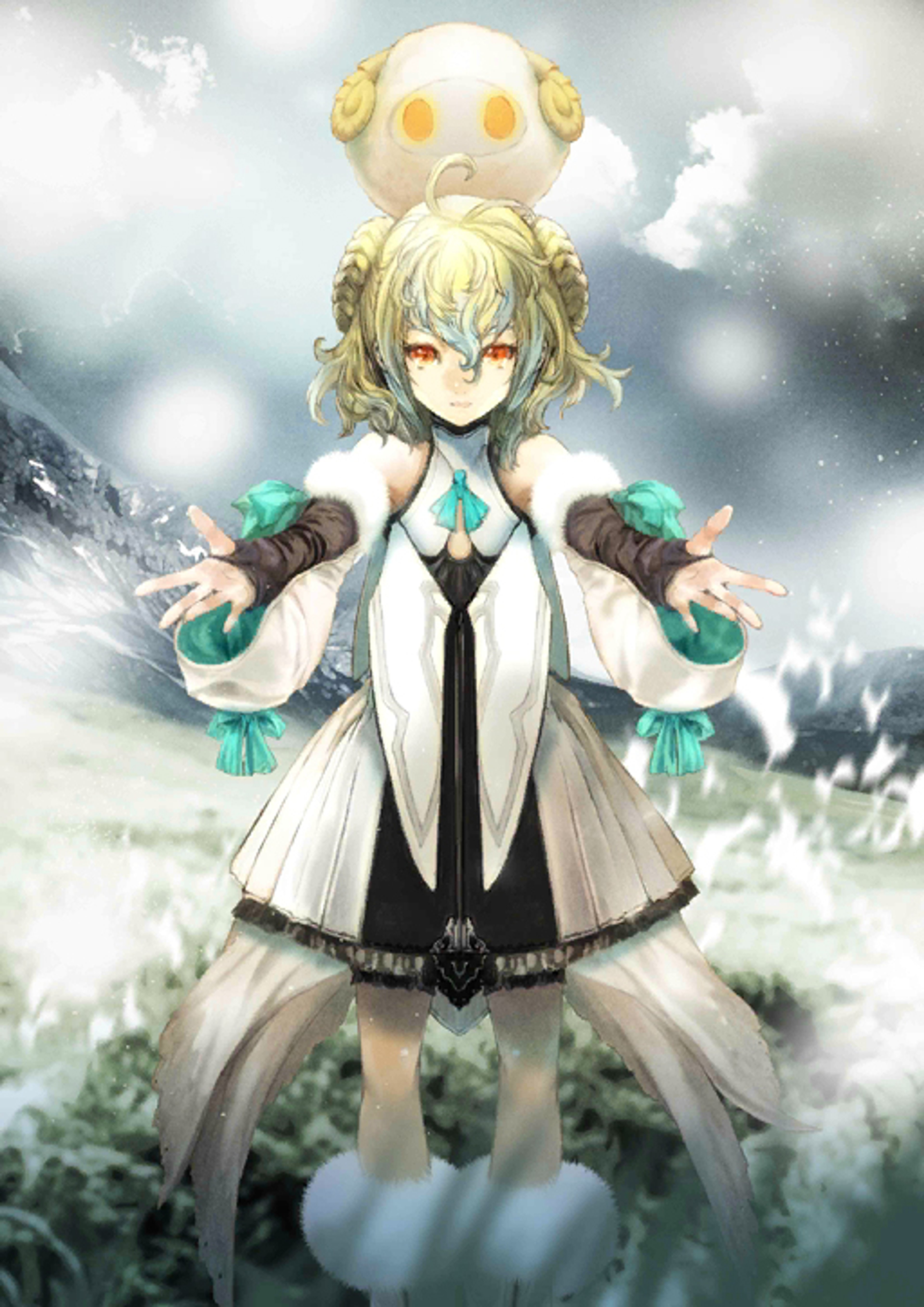 An anime-style character with a feminine appearance standing in a snowy, mountainous landscape.