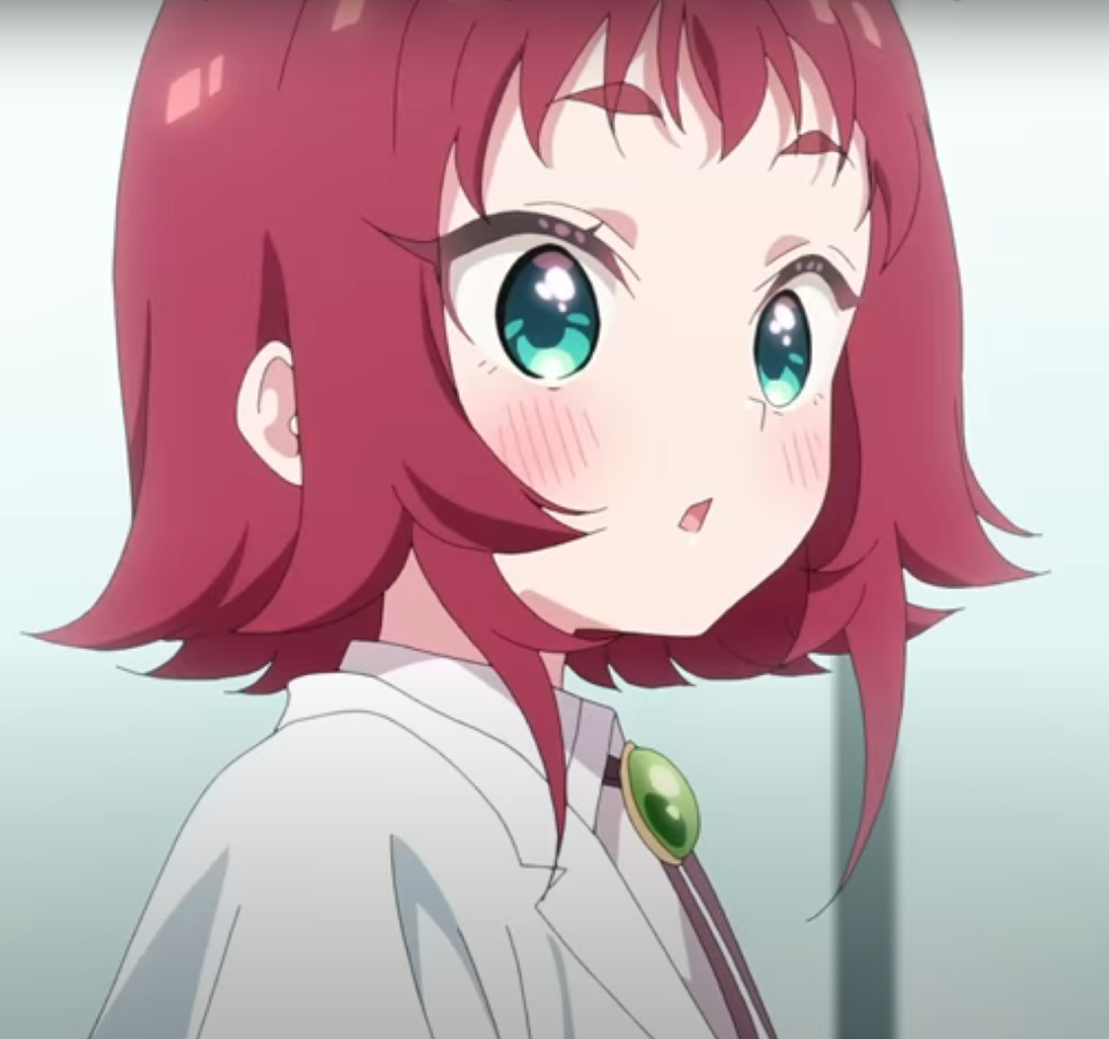 An anime-style character with pink hair and green eyes wearing a white shirt and green tie