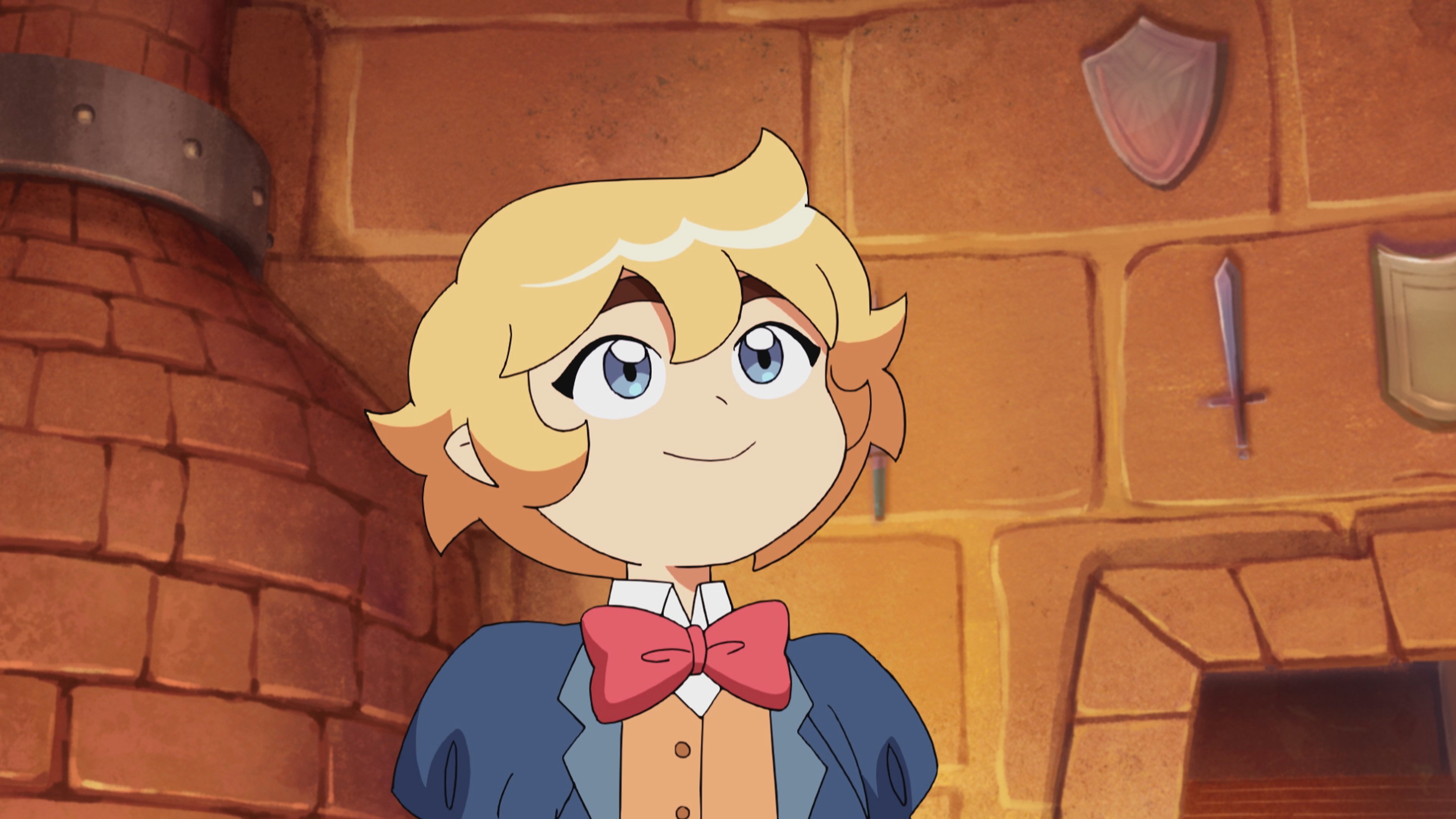 An animated female dwarf character with a muscular build, blonde hair, and a friendly expression.
