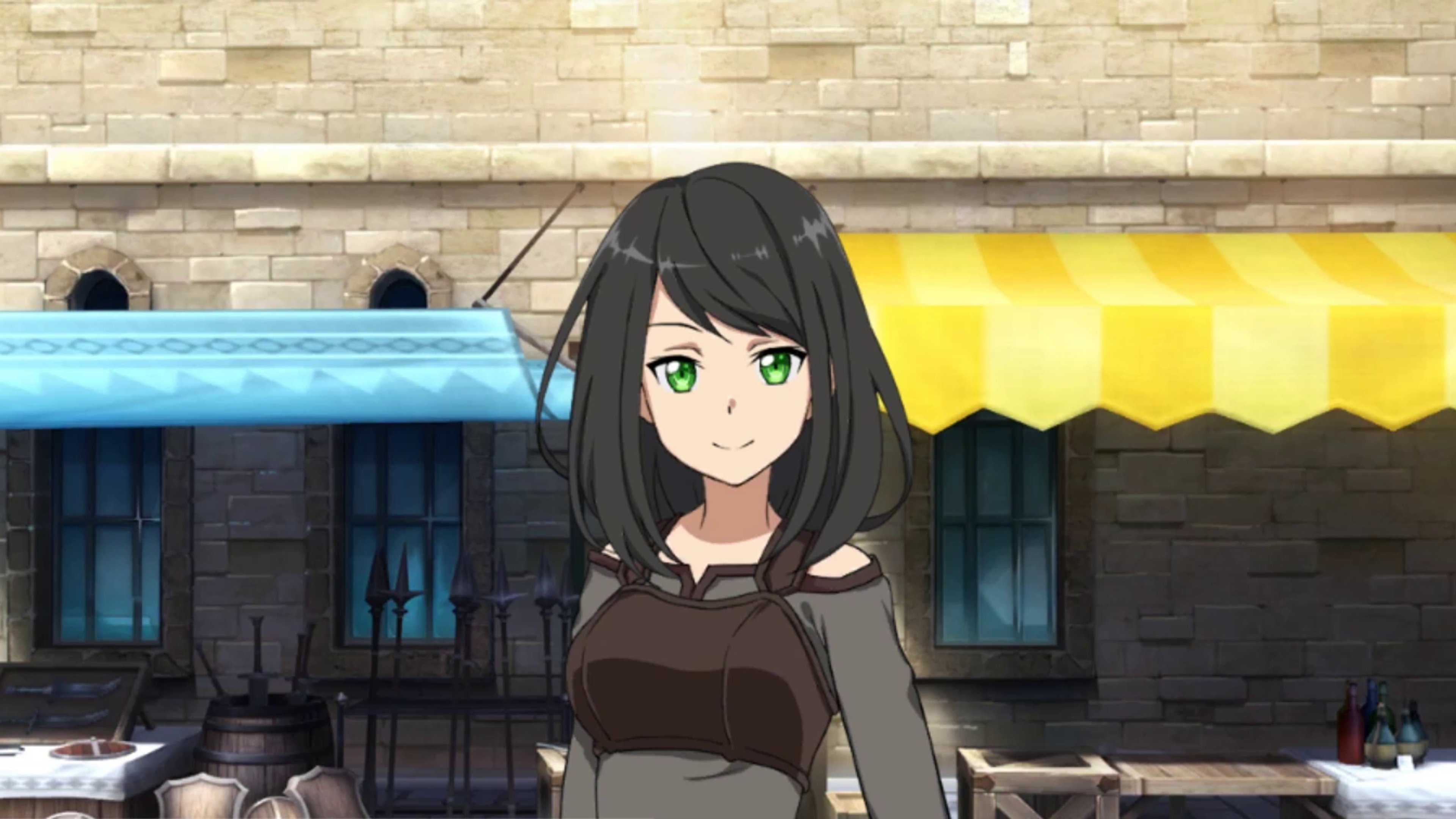 A young woman with black hair and green eyes wearing a dark magenta tunic, black mini-skirt, and chest plate, holding a dagger.