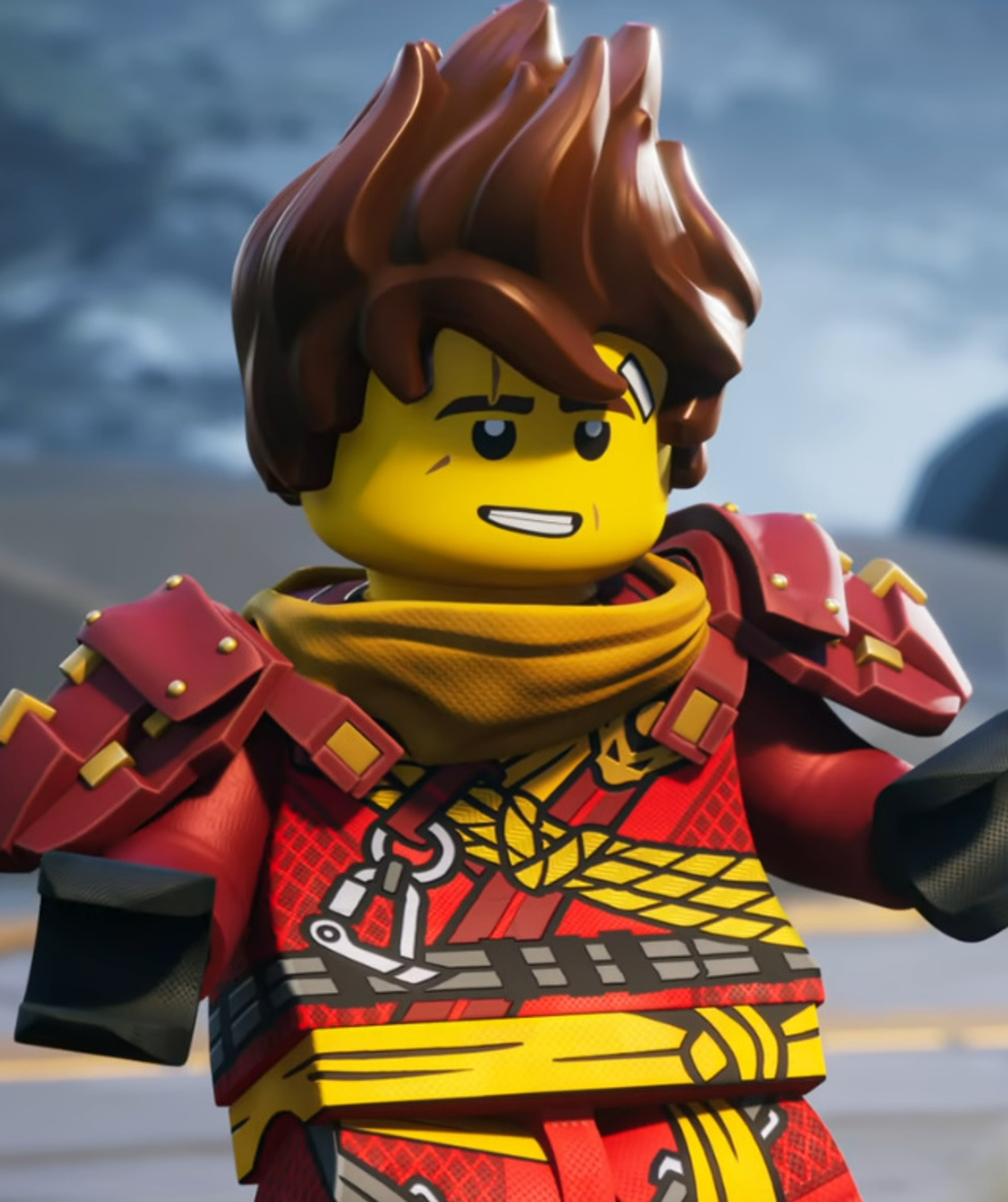 A LEGO minifigure character with spiked brown hair and a red ninja-style outfit