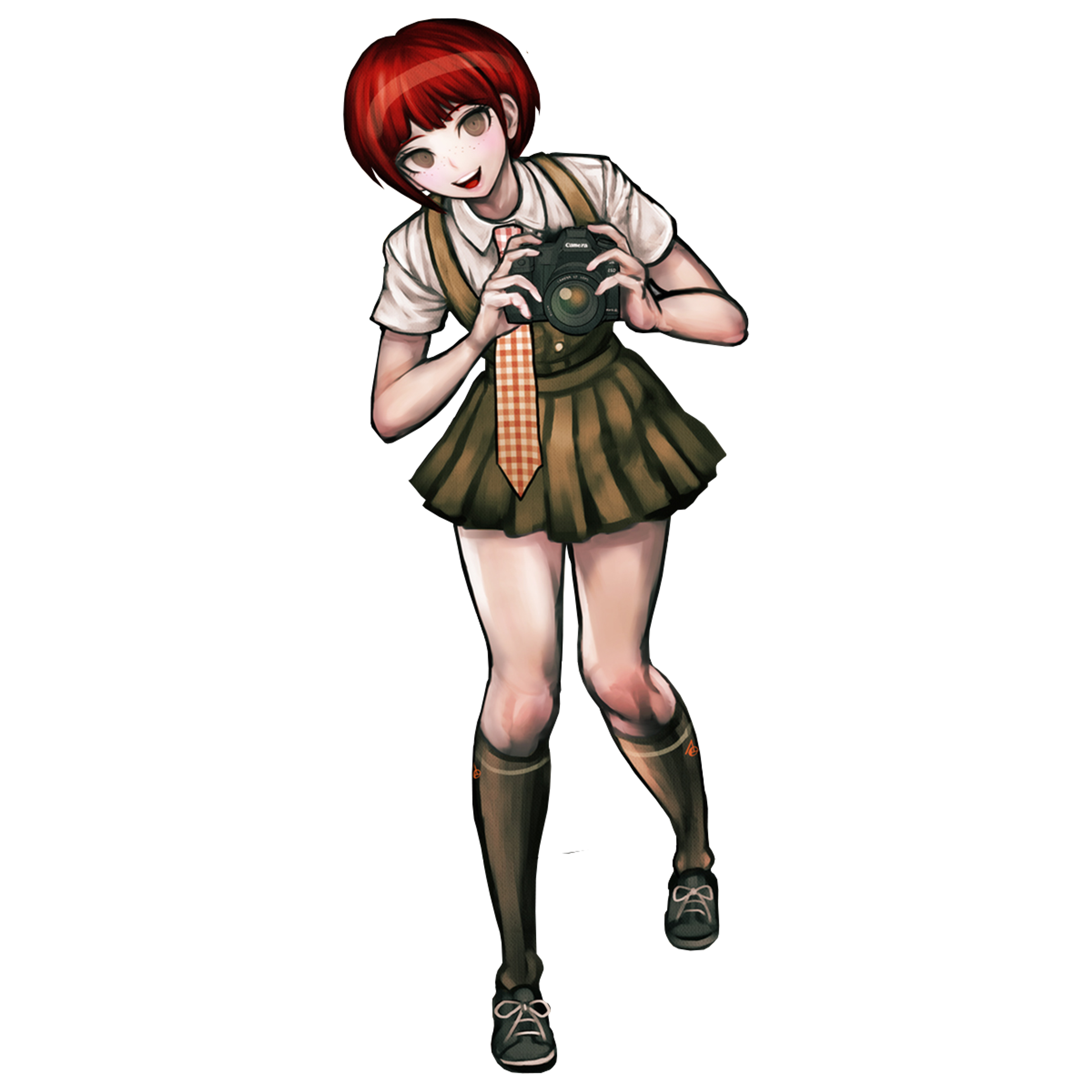 A young woman with red hair wearing a green school uniform and holding a camera