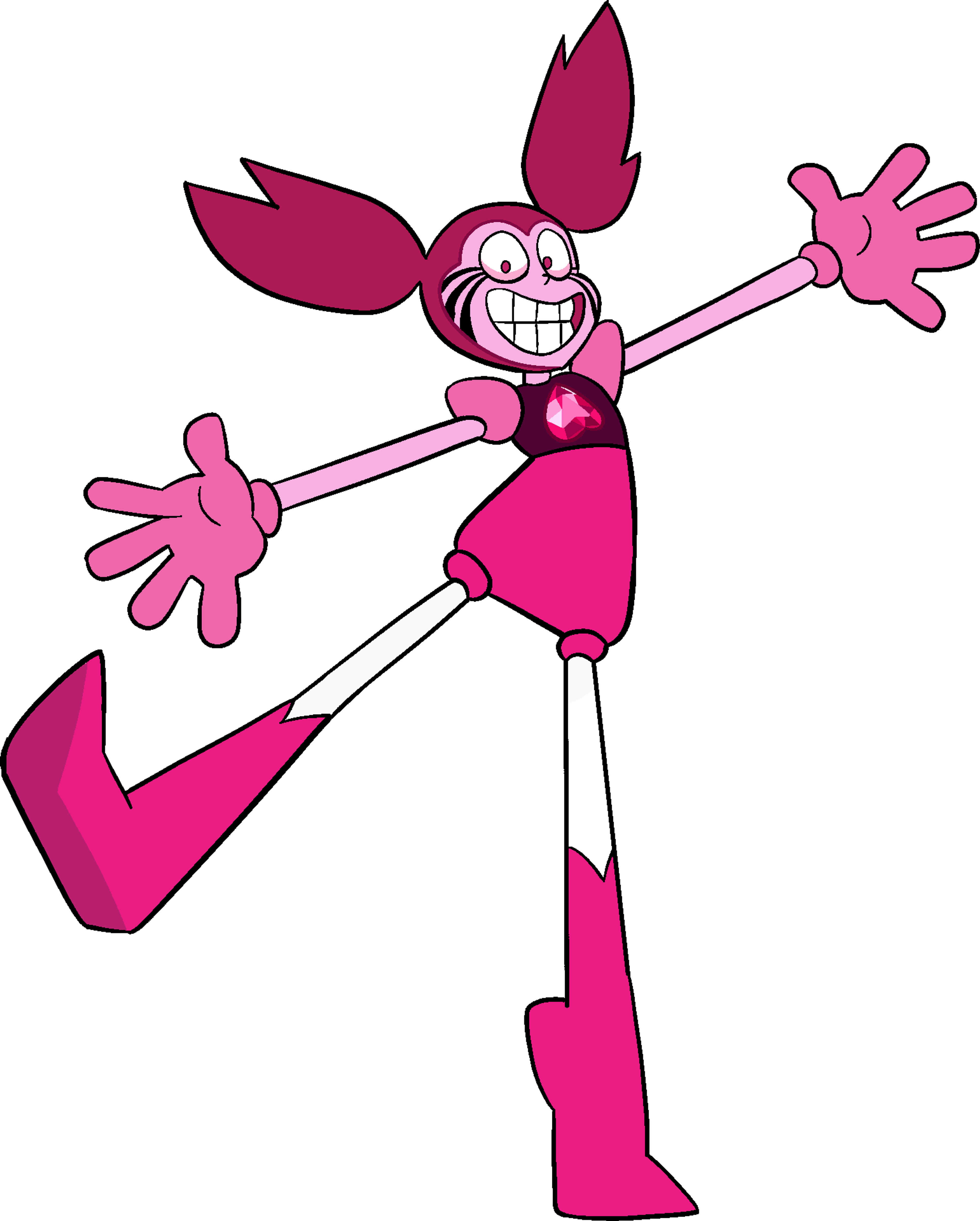 A pink, cartoon-like character with a large smile and expressive eyes, in a dynamic, energetic pose.