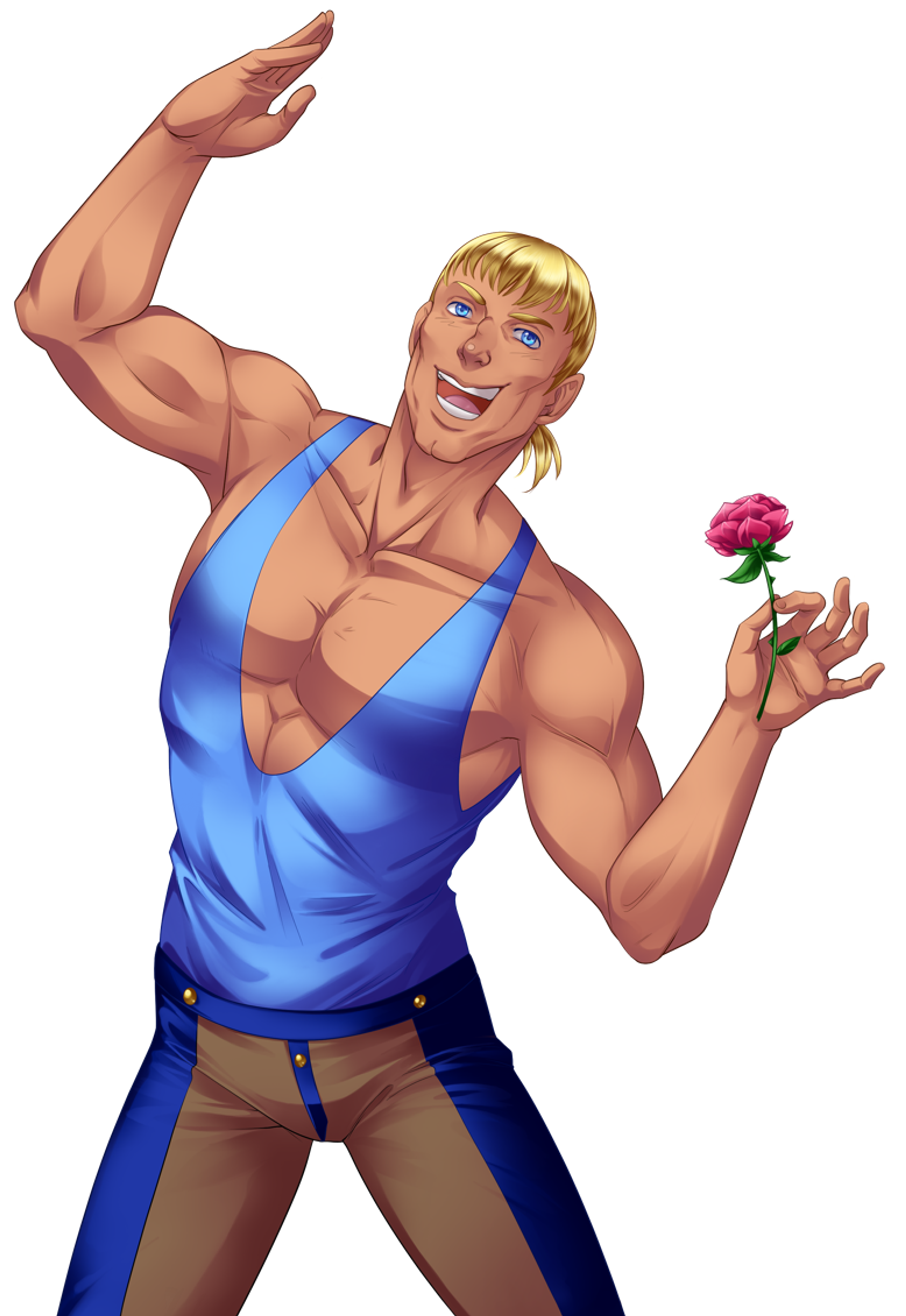 A muscular, blond male character in blue shorts holding a pink flower and smiling enthusiastically.