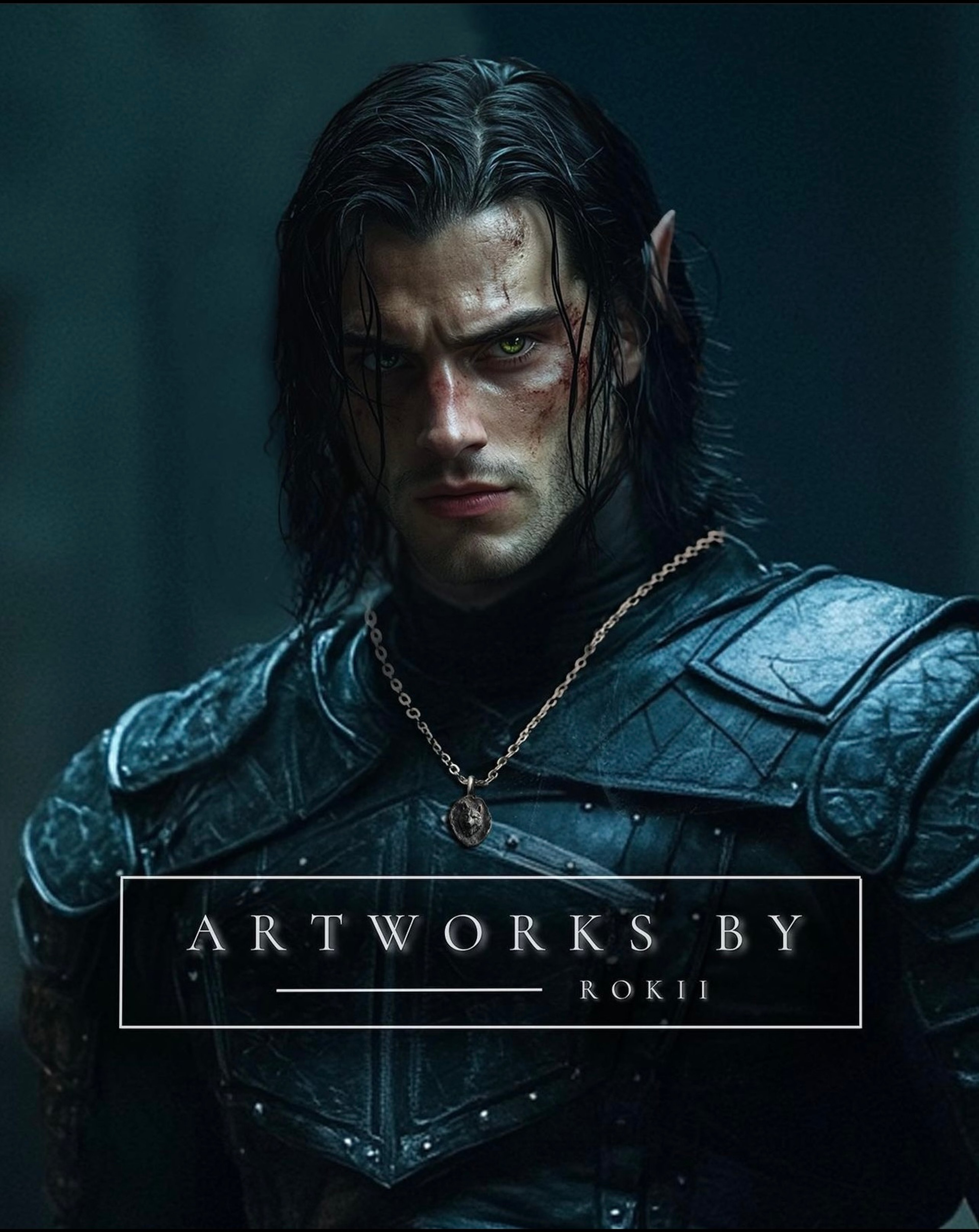 A male fantasy warrior character with long dark hair and a serious expression, wearing dark blue armor and chains.