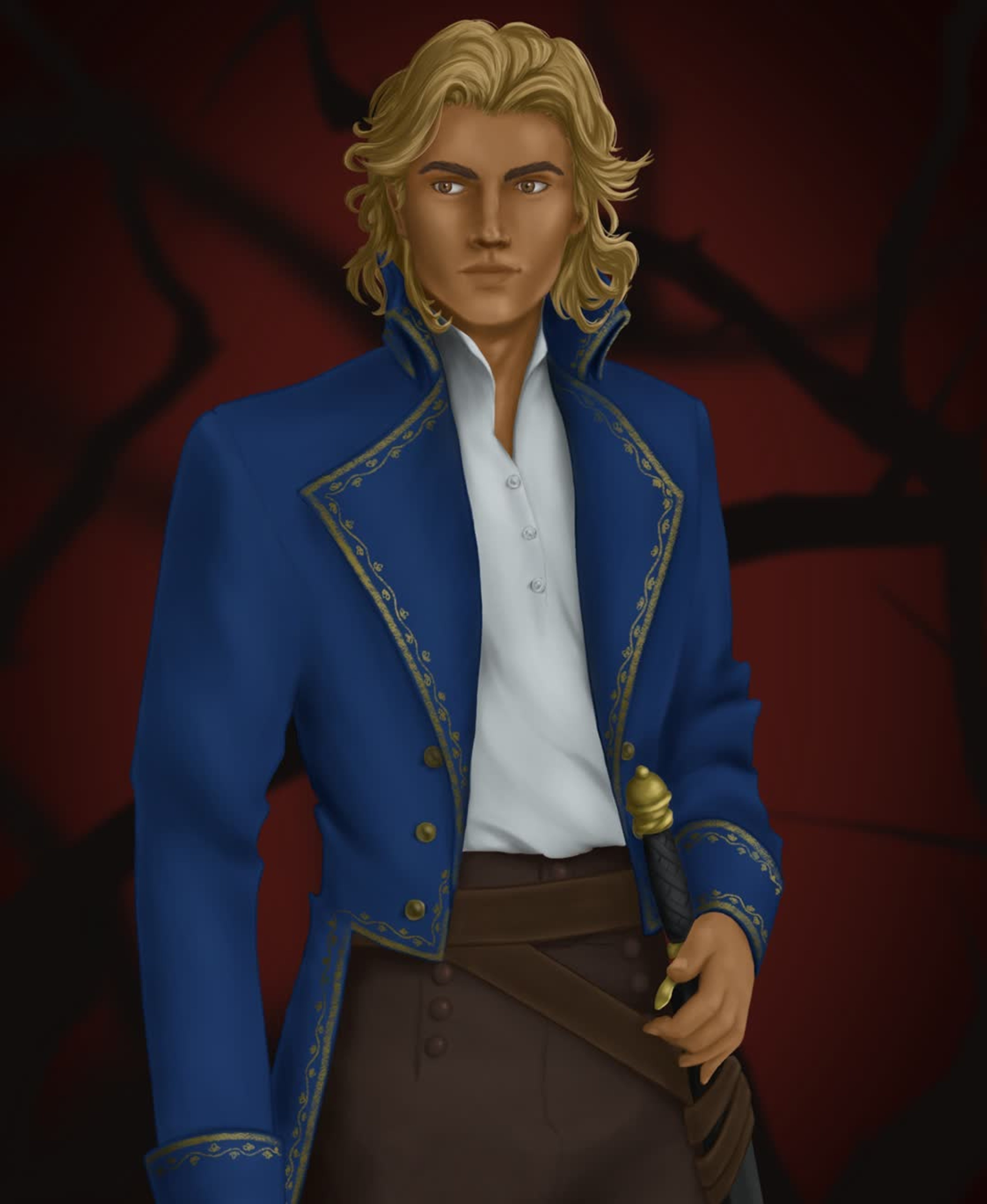 A young, muscular man with blonde hair wearing a blue military-style jacket