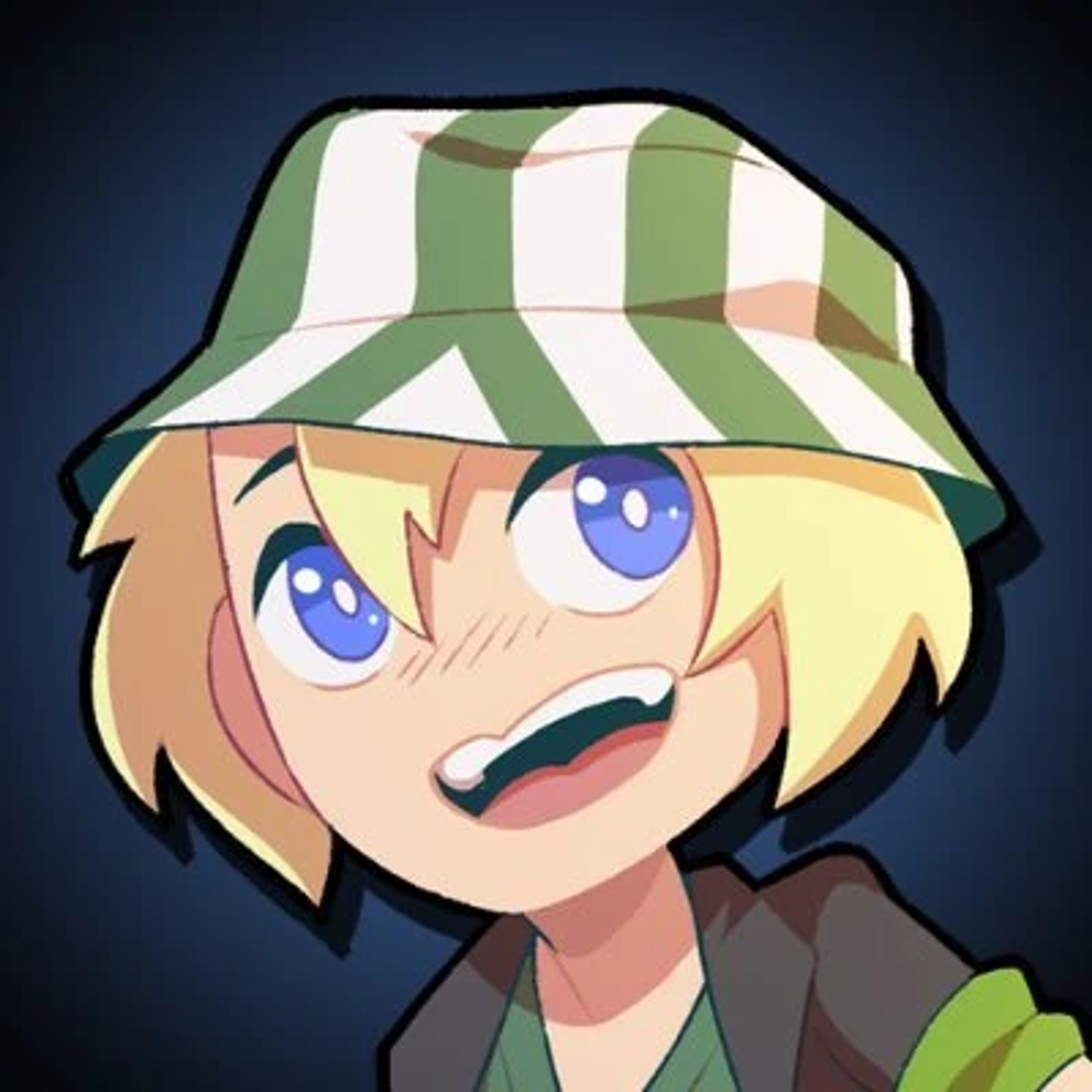 An animated character with short blonde hair wearing a green and white striped hat