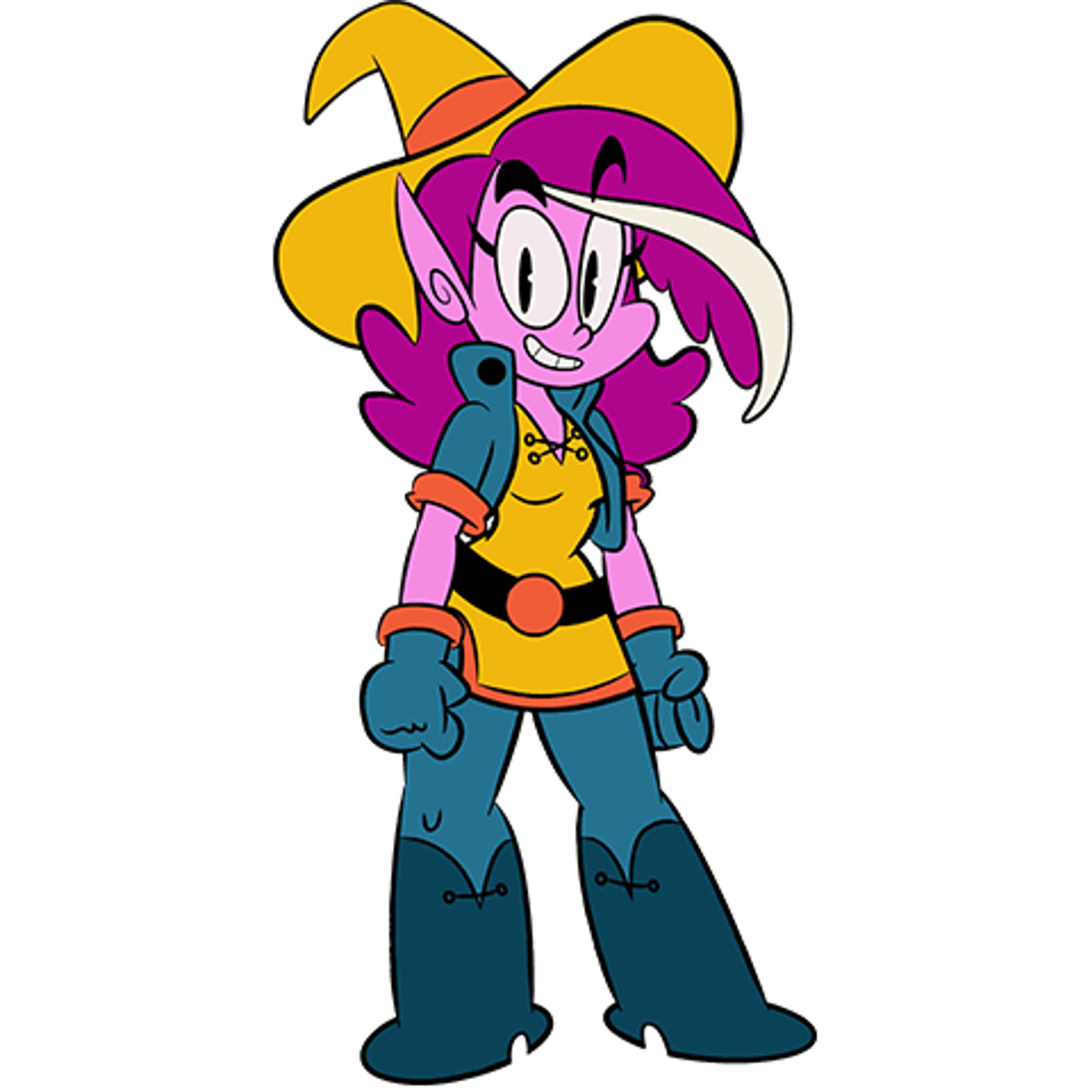 A young, animated female character with purple hair and a white streak, wearing a yellow top, blue pants, and boots.