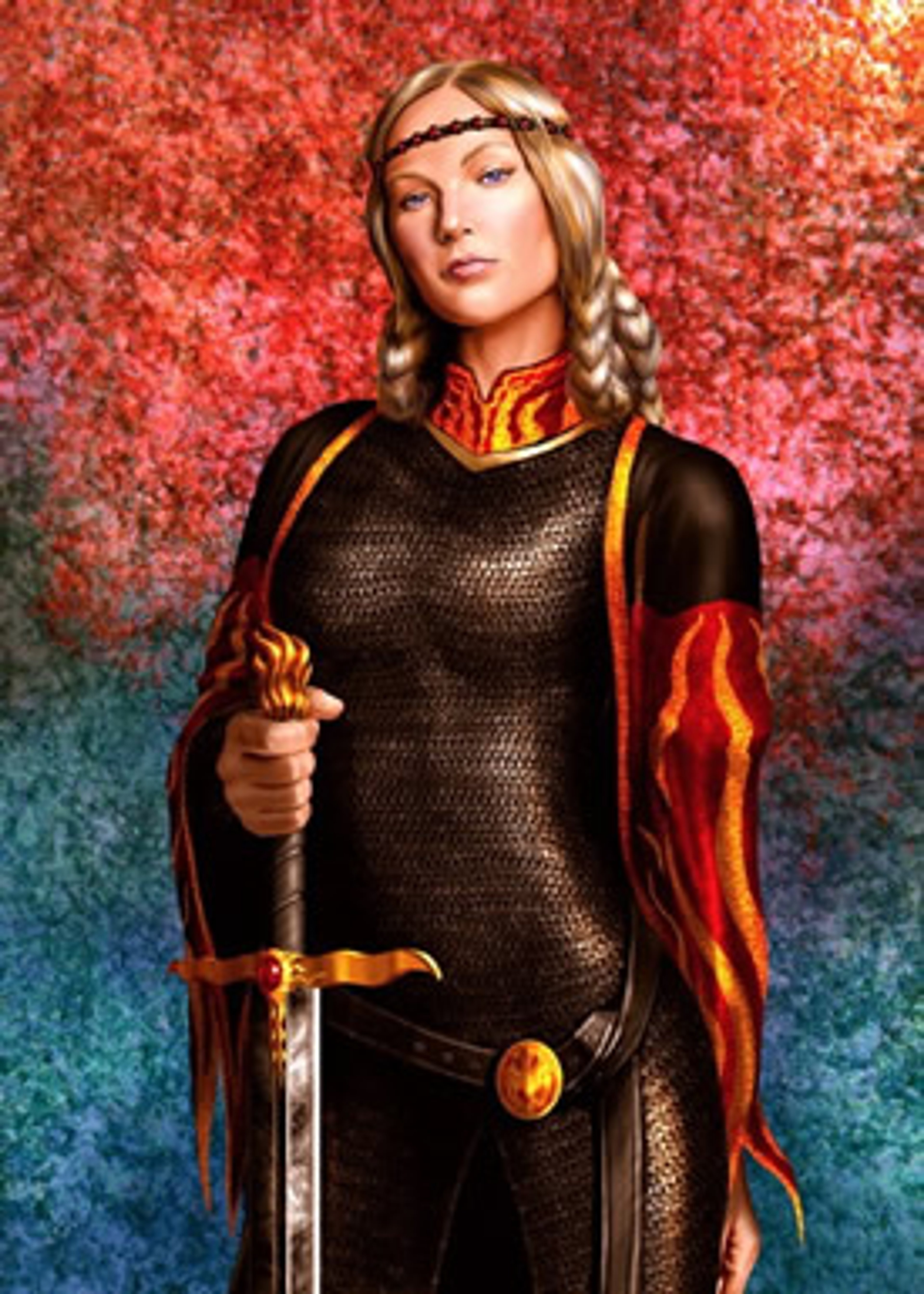 A woman with silver-gold hair and lilac eyes, dressed in a black combat outfit with a red cape, holding a sword.