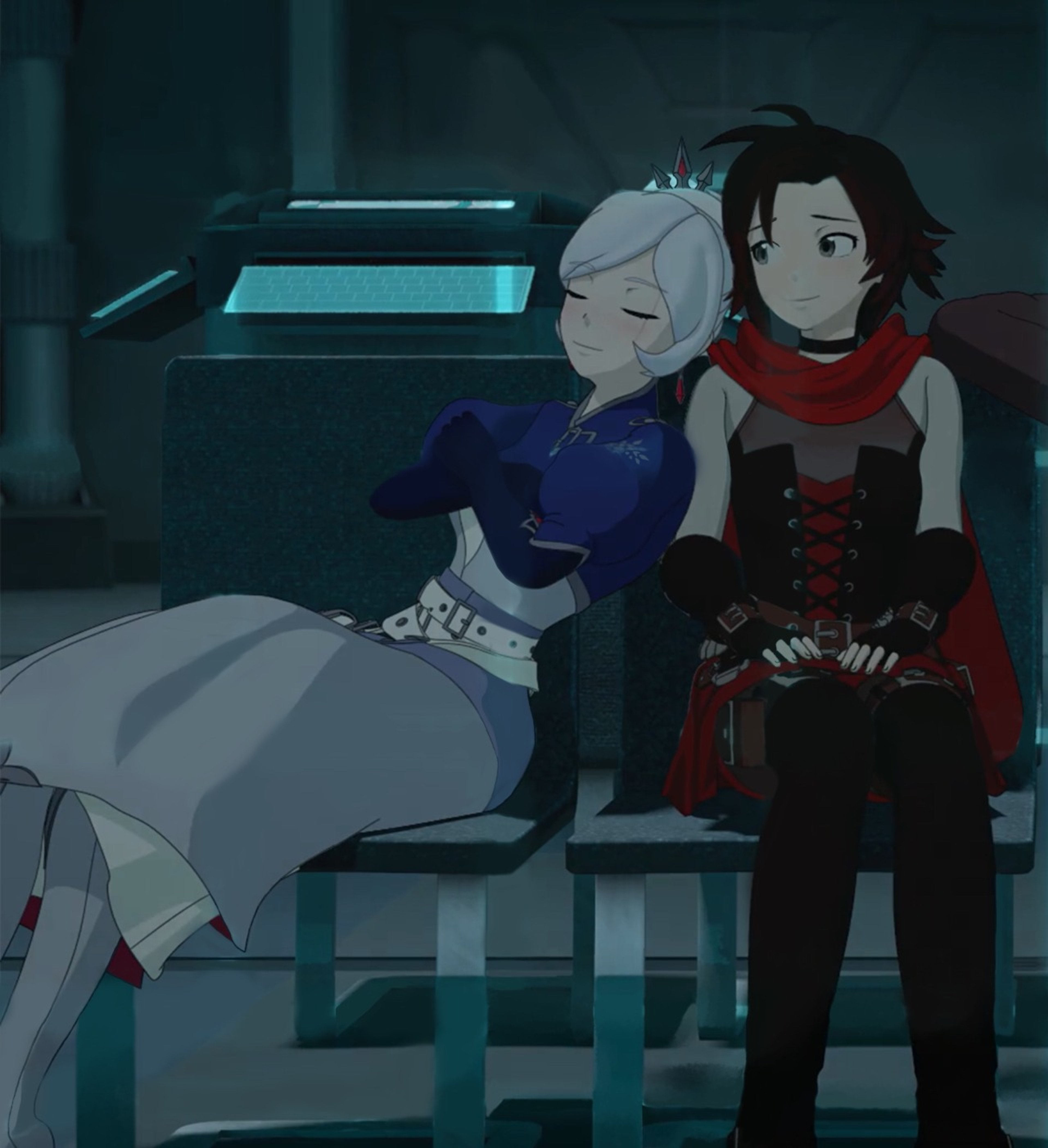 Two anime-style characters, a young woman in a red cloak and a young man in a blue outfit, standing together in a futuristic setting.