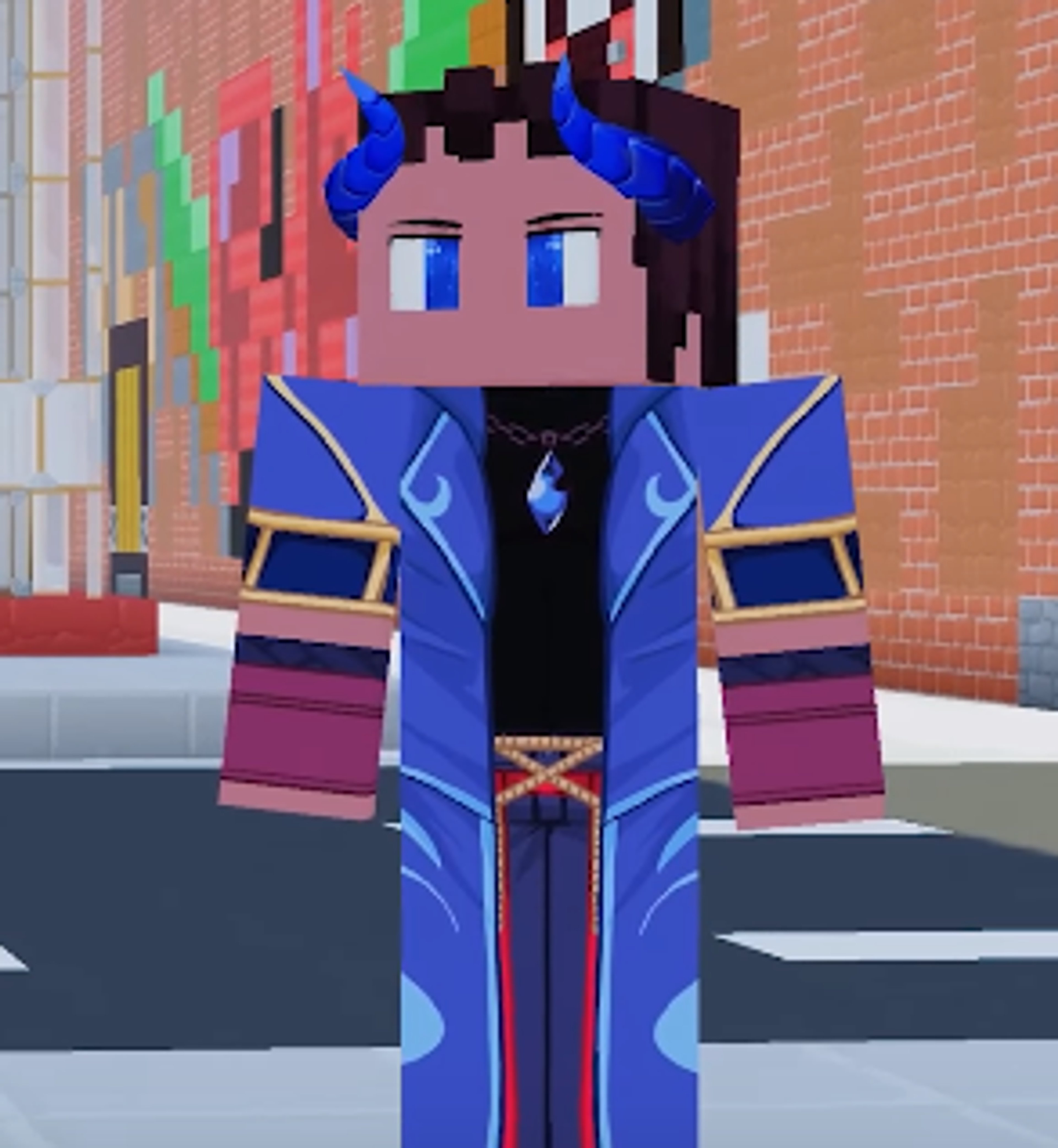 A detailed character design of a blue-skinned demon knight named Rhys, wearing a formal uniform with gold accents.