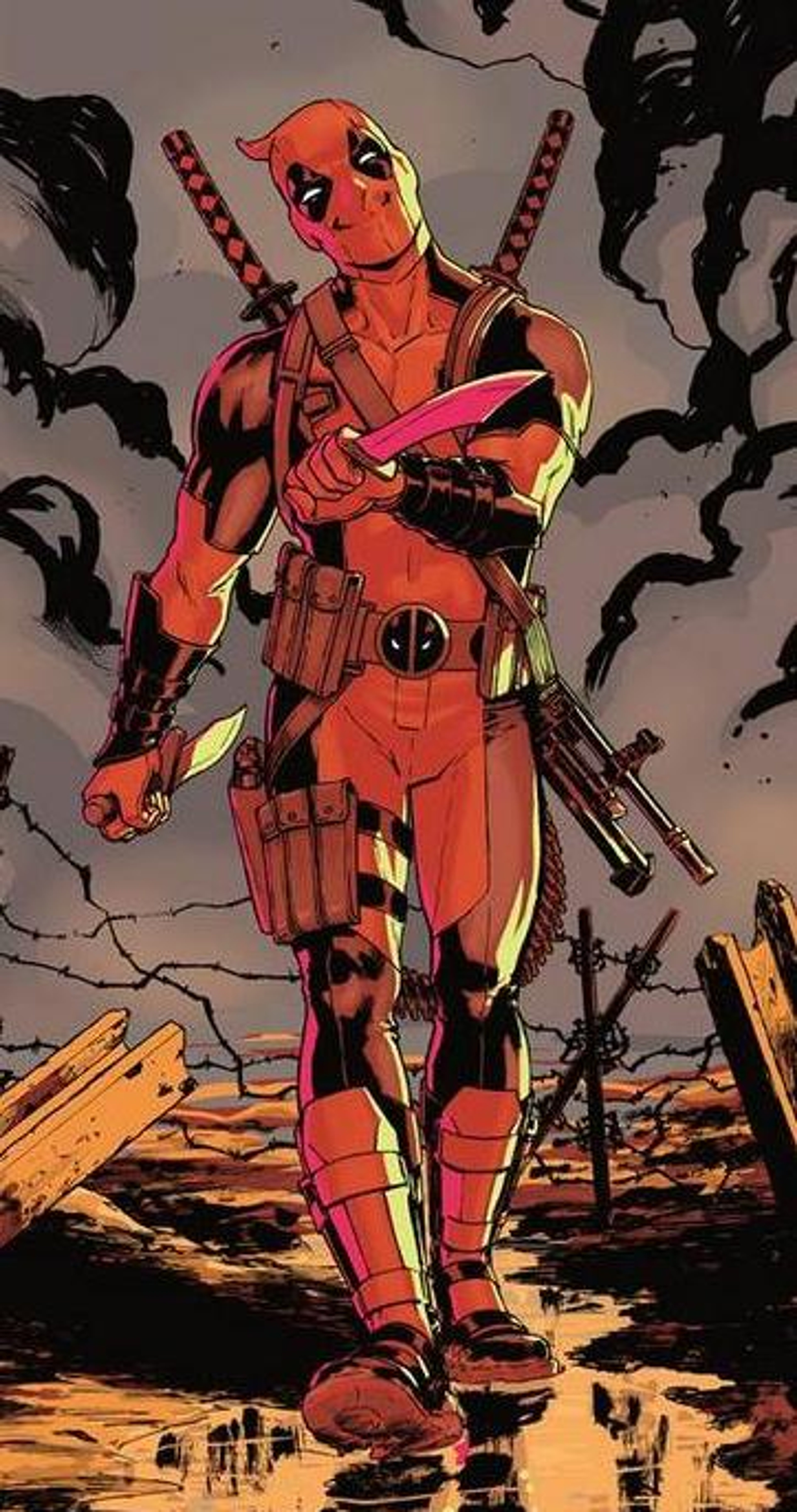 Deadpool, a Marvel Comics mercenary character, standing in a war-torn environment holding dual katana swords.