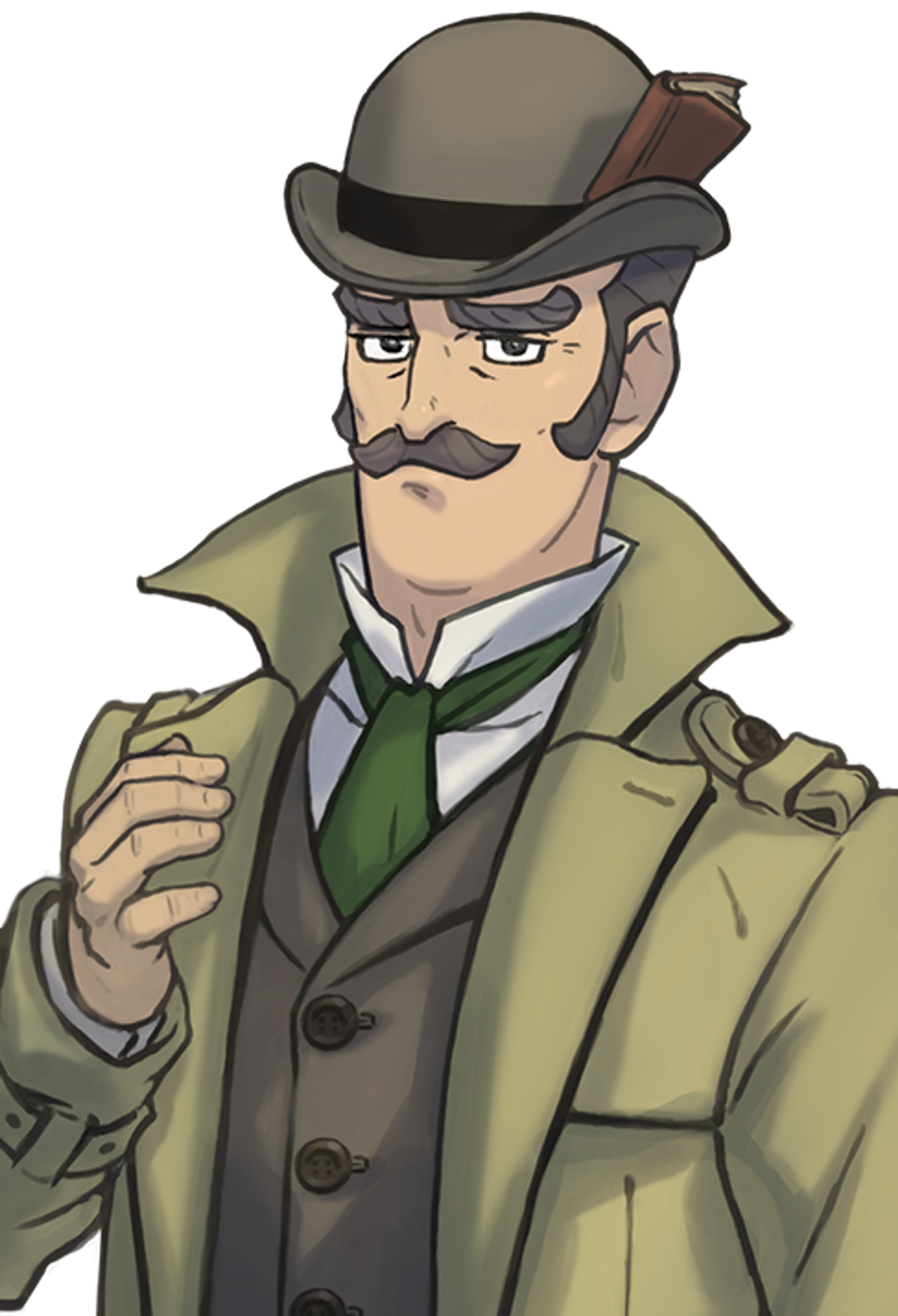 A Victorian-era detective with a mustache and beard, wearing a bowler hat and green coat