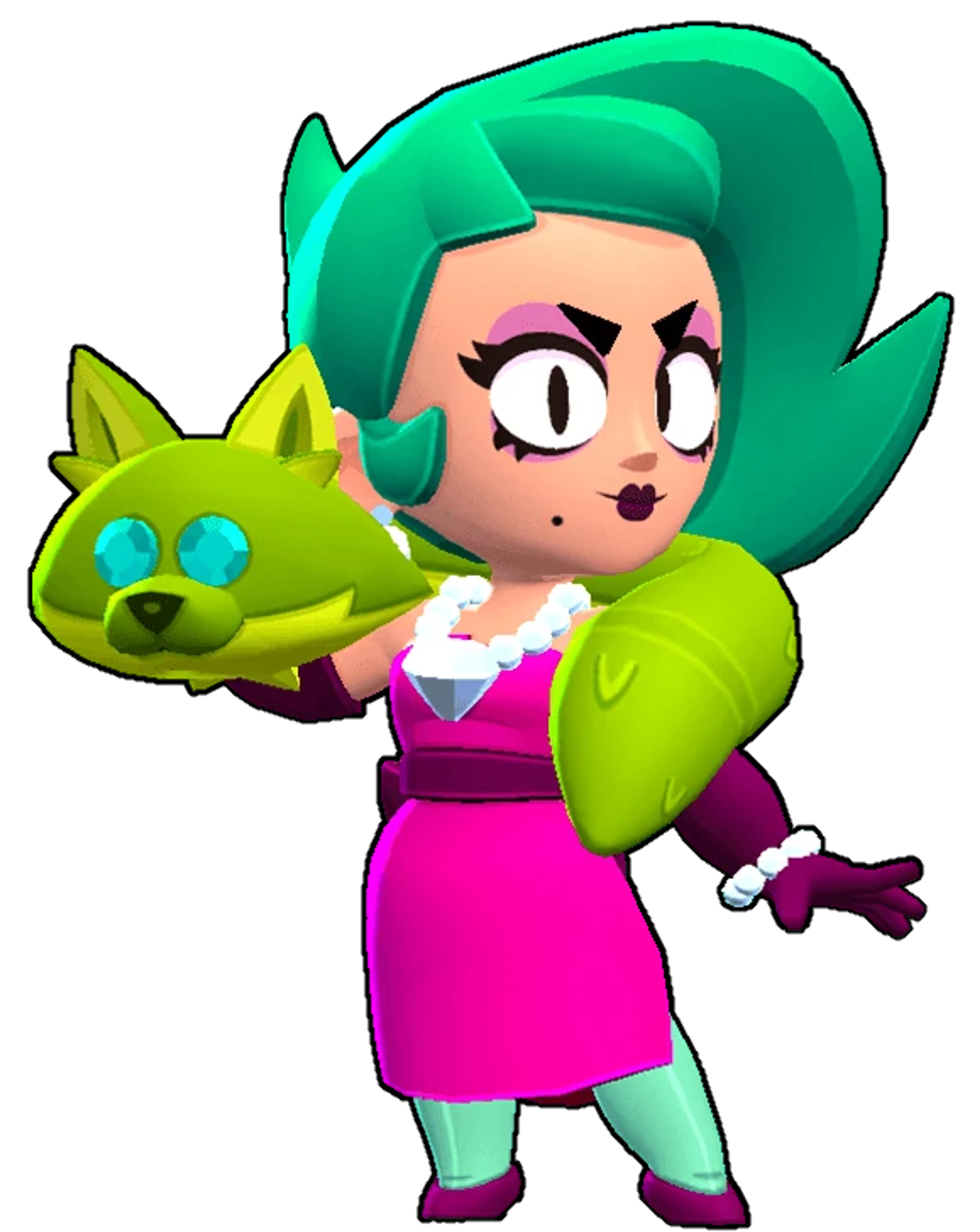 A cartoon character named Lola with long green hair, wearing a pink dress and holding a small furry animal.