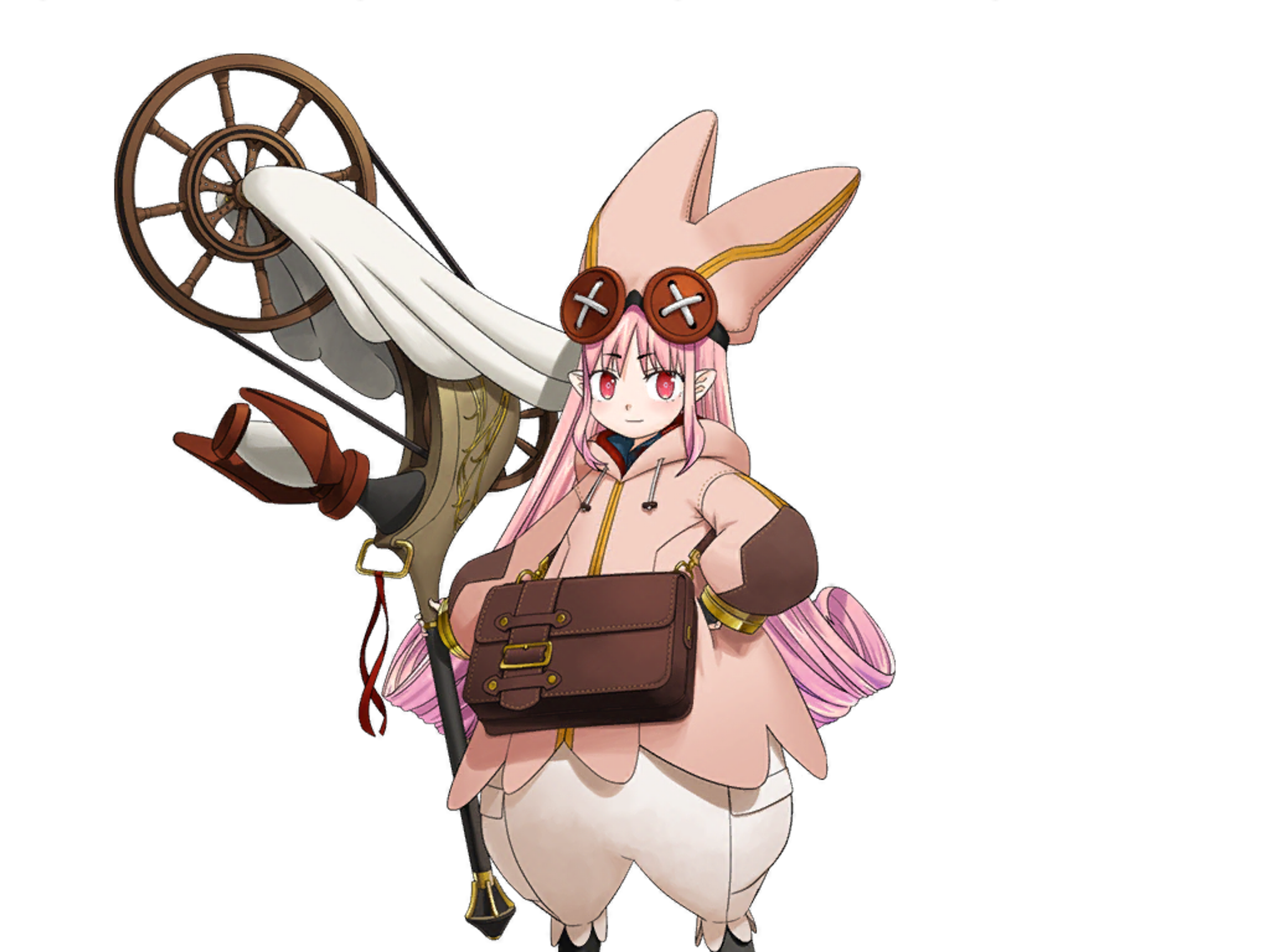 A small, fairy-like character holding a sewing needle and thread in a steampunk-inspired setting.