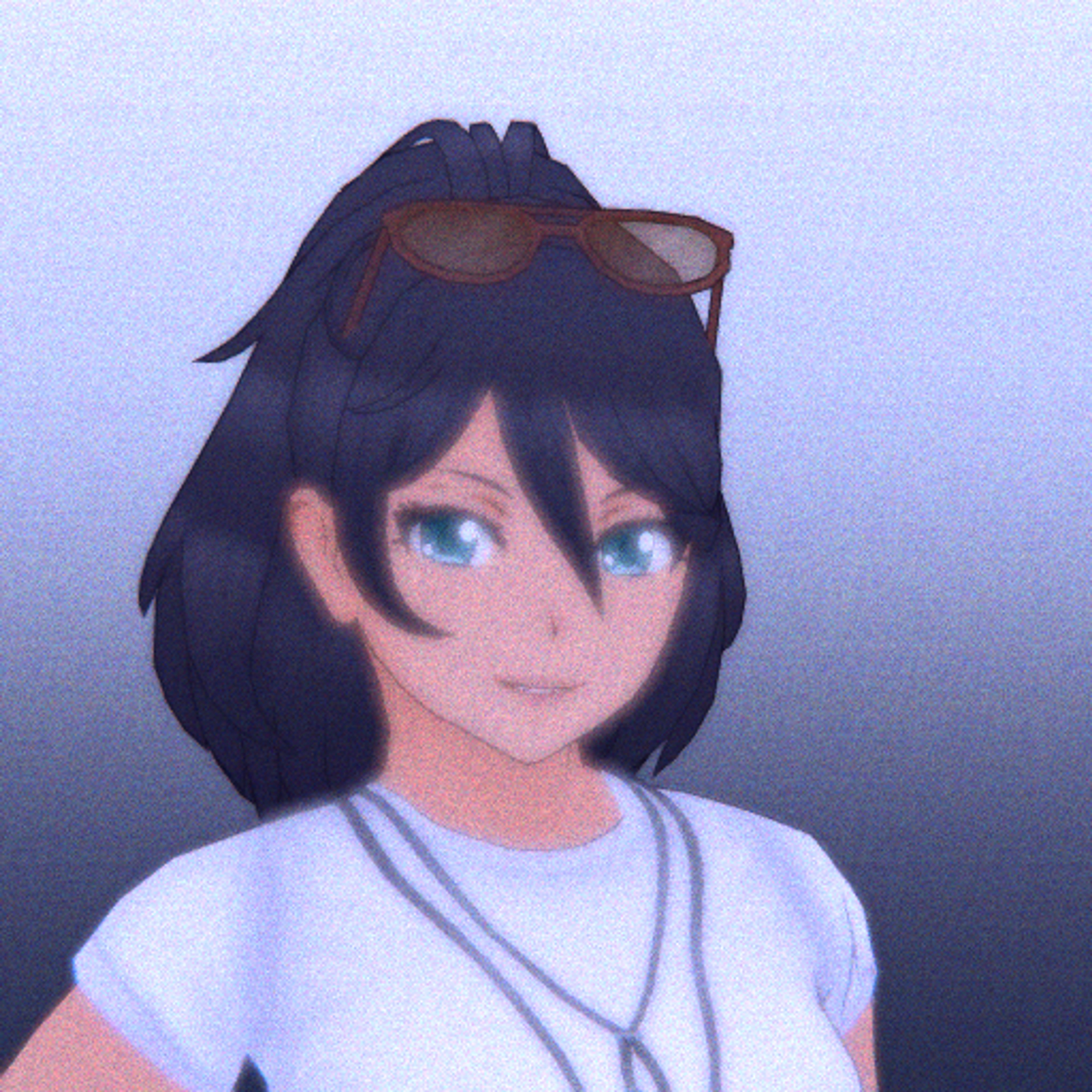 An anime-style character with short dark hair and large blue eyes, wearing a white shirt and appearing to be a young woman.