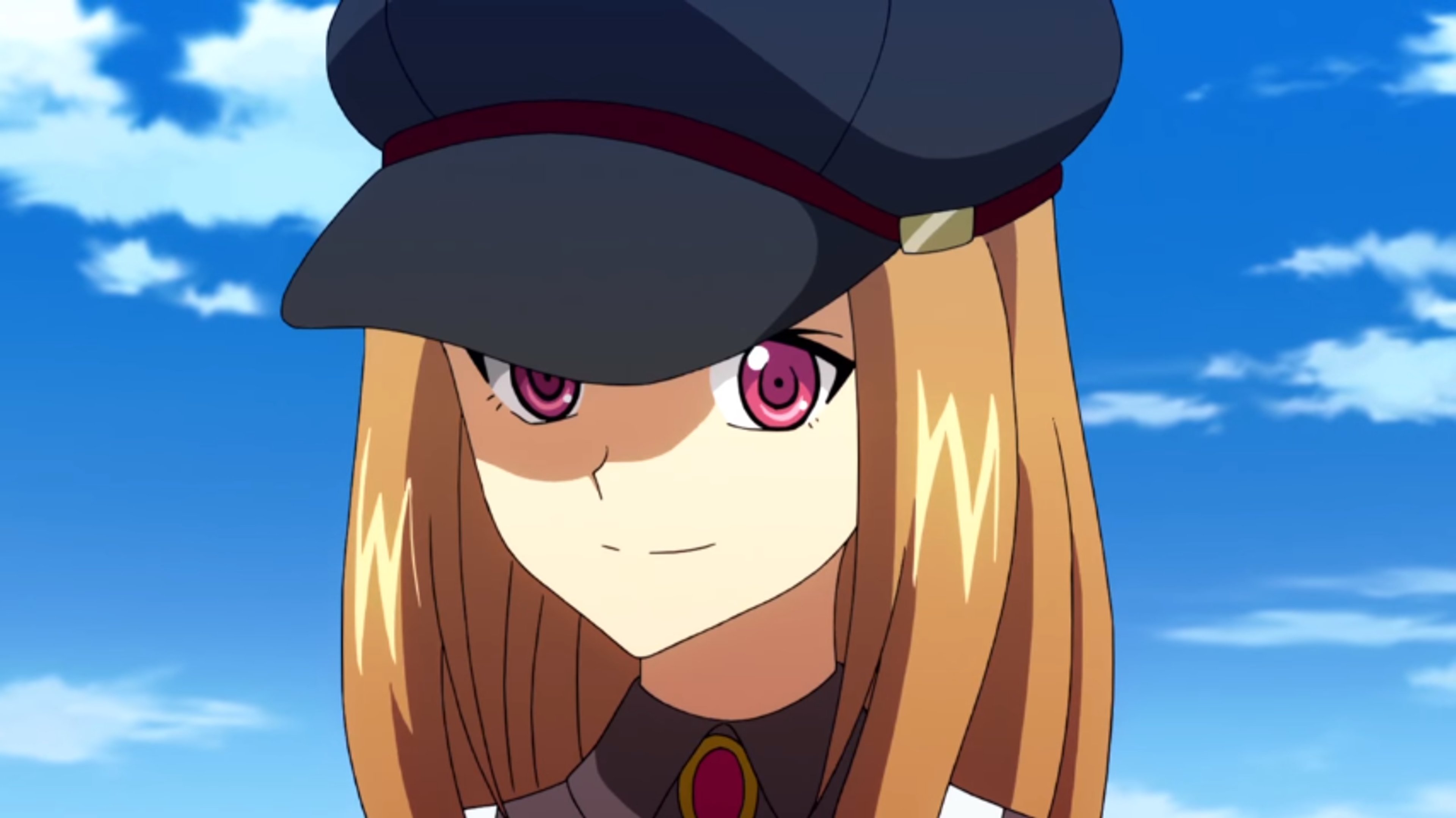 An anime-style character with blonde hair, ruby-red eyes, and a carefree expression, wearing a dark blue cap with a red brim.