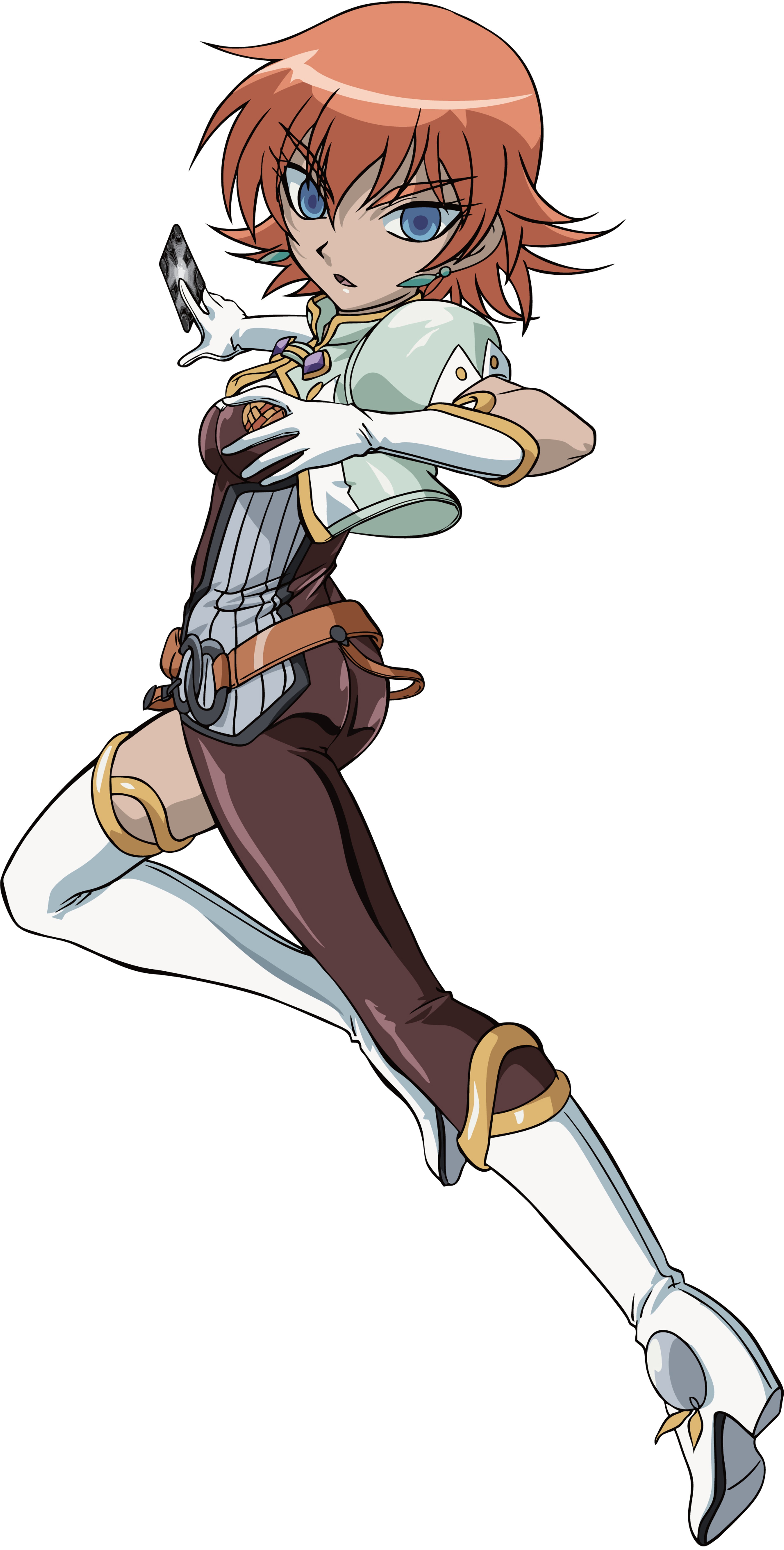 An anime-style character with orange hair and blue eyes, wearing a green top, brown pants, and boots, holding a weapon or device.