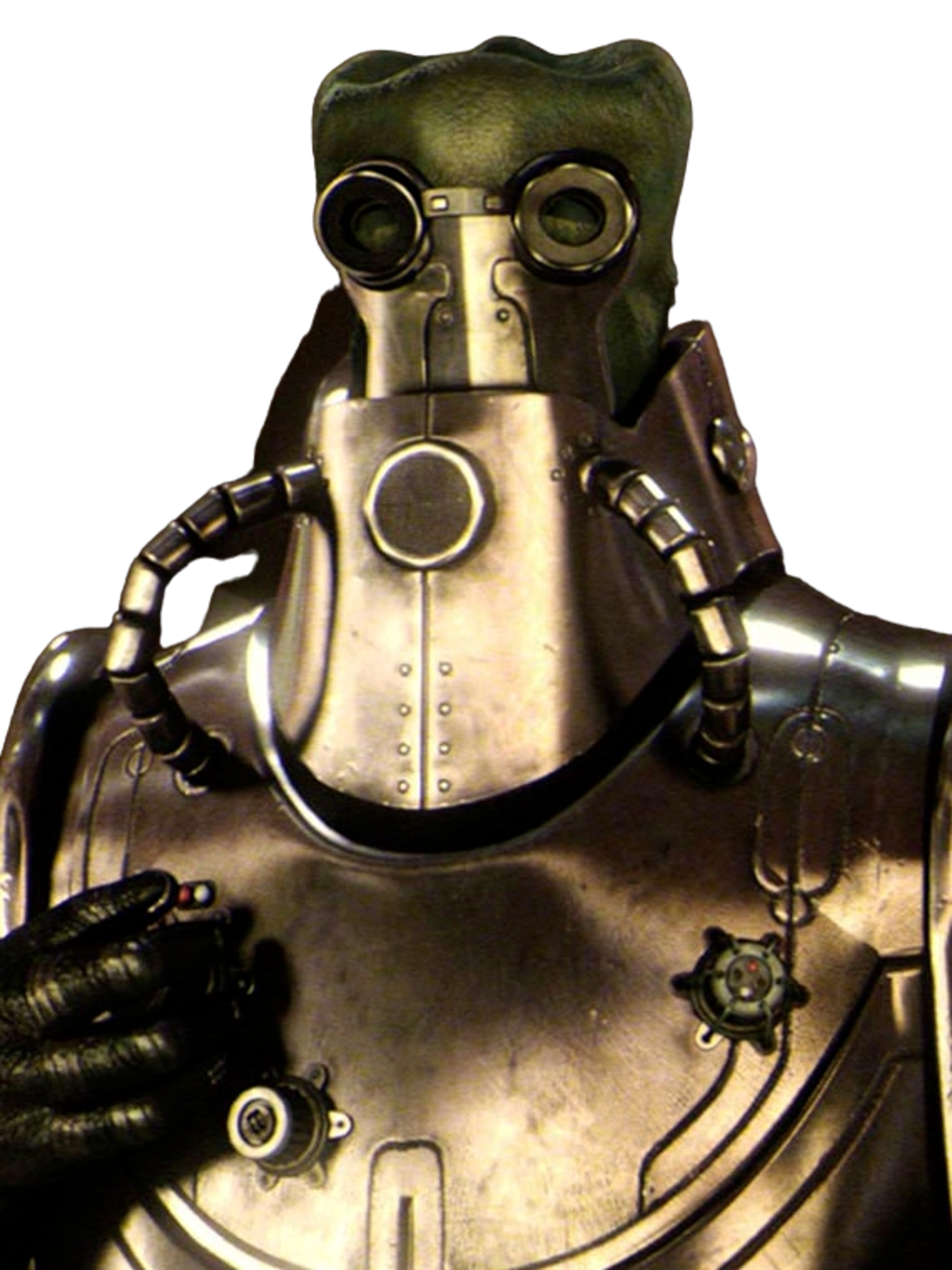 A robotic character with a large green head and metallic body