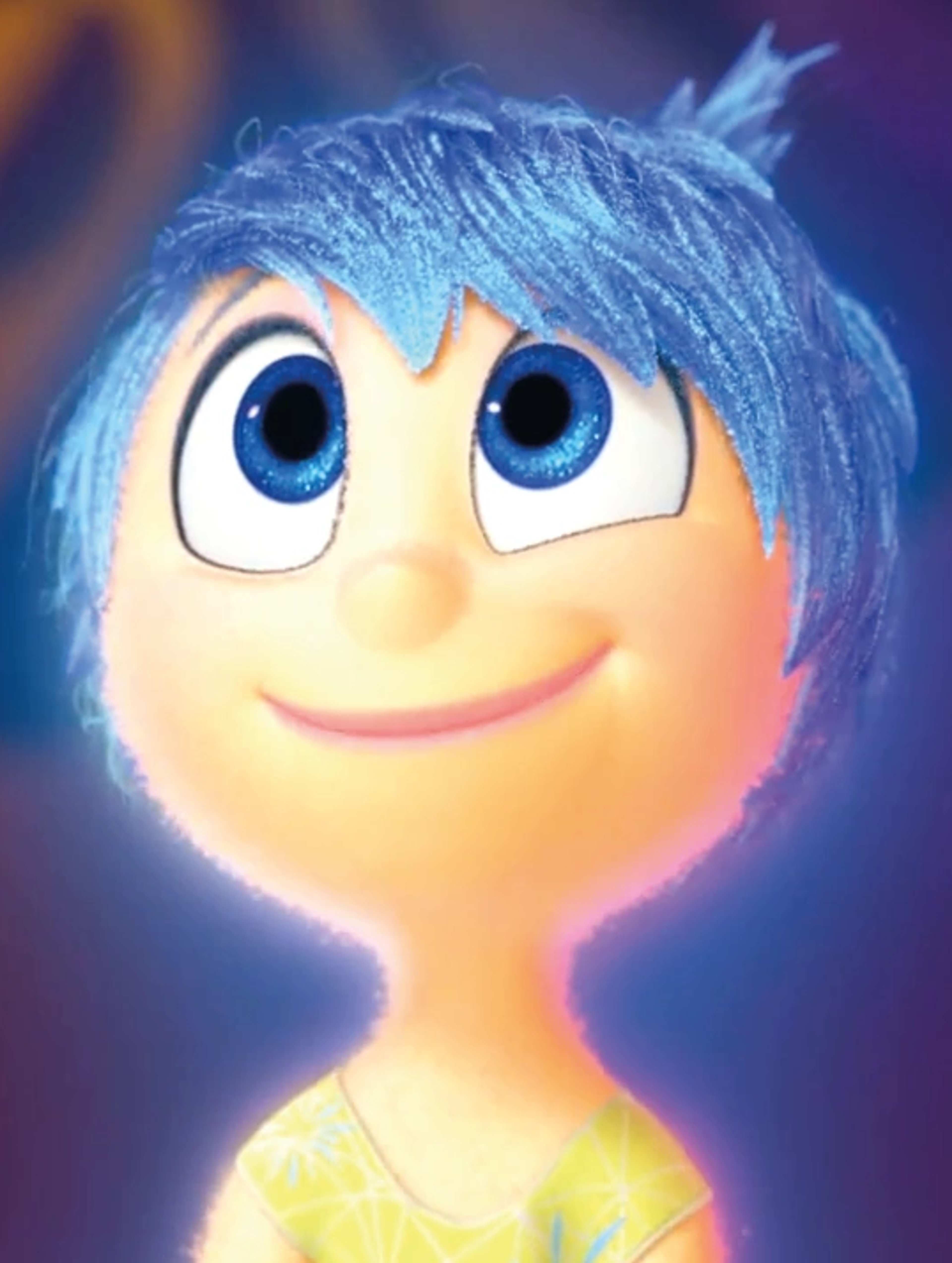 An animated character with blue hair and eyes, wearing a yellow shirt, with a friendly, happy expression.