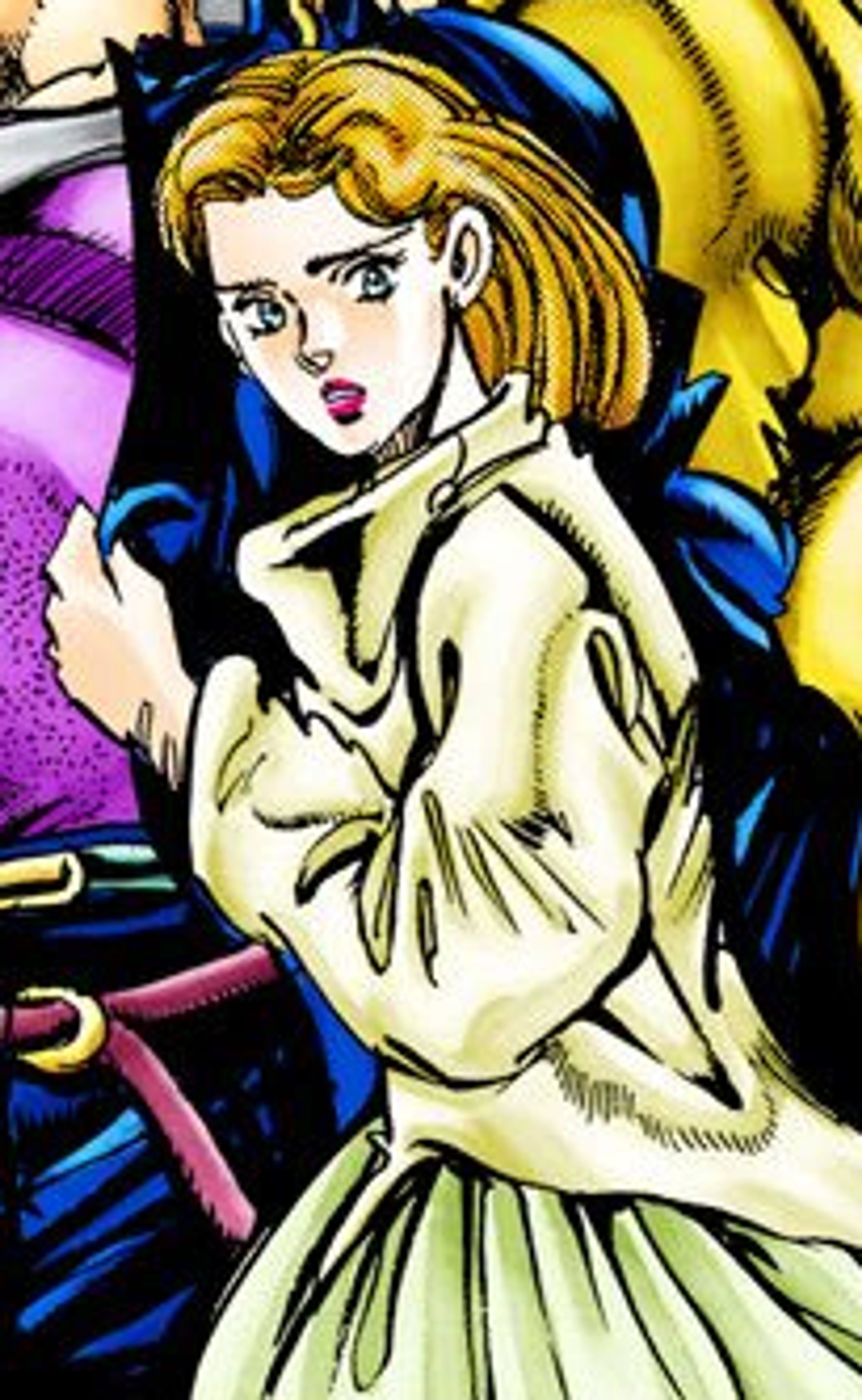 A young woman with blonde hair and a concerned expression, wearing a light dress in a technological setting.