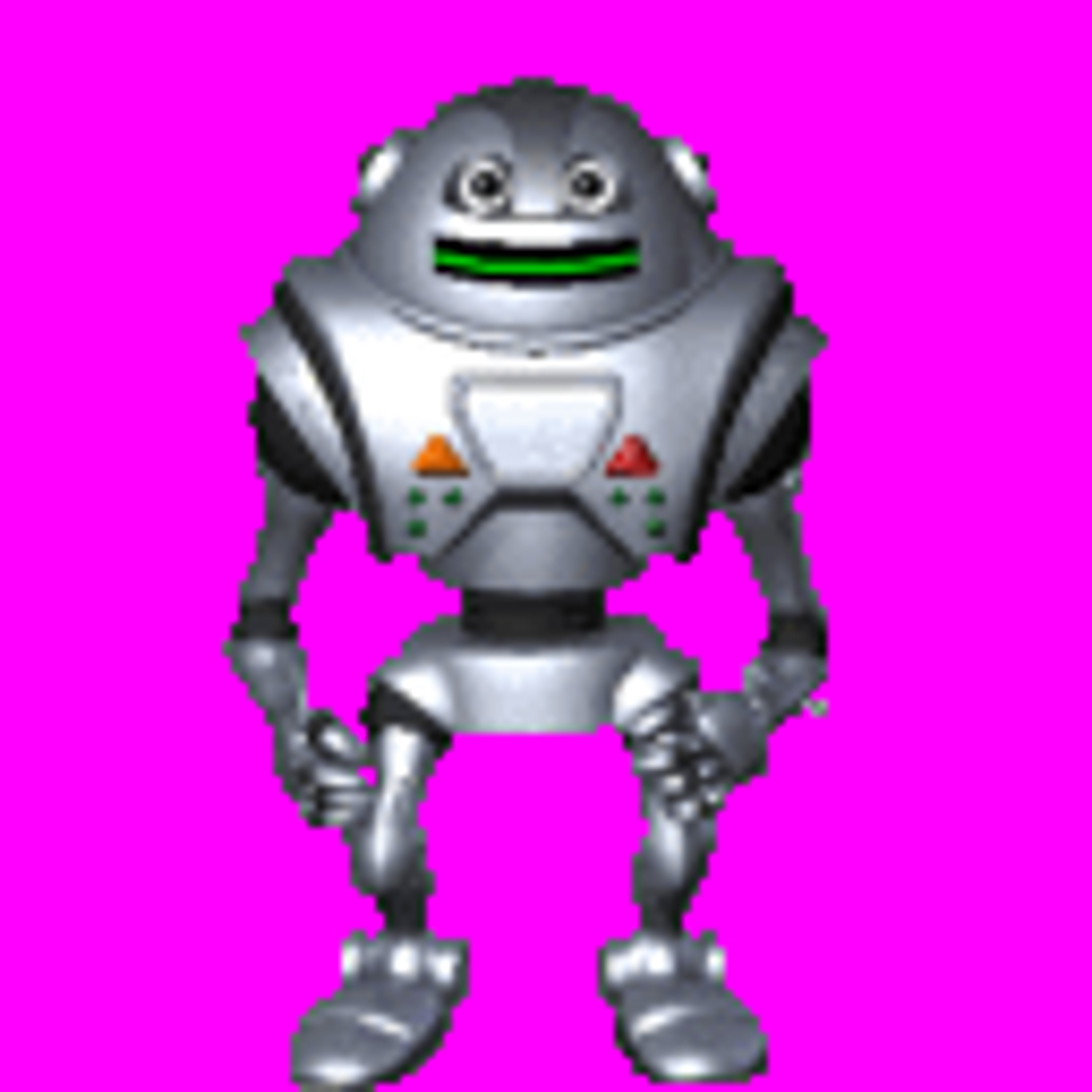 A friendly-looking humanoid robot character with a metallic, streamlined appearance
