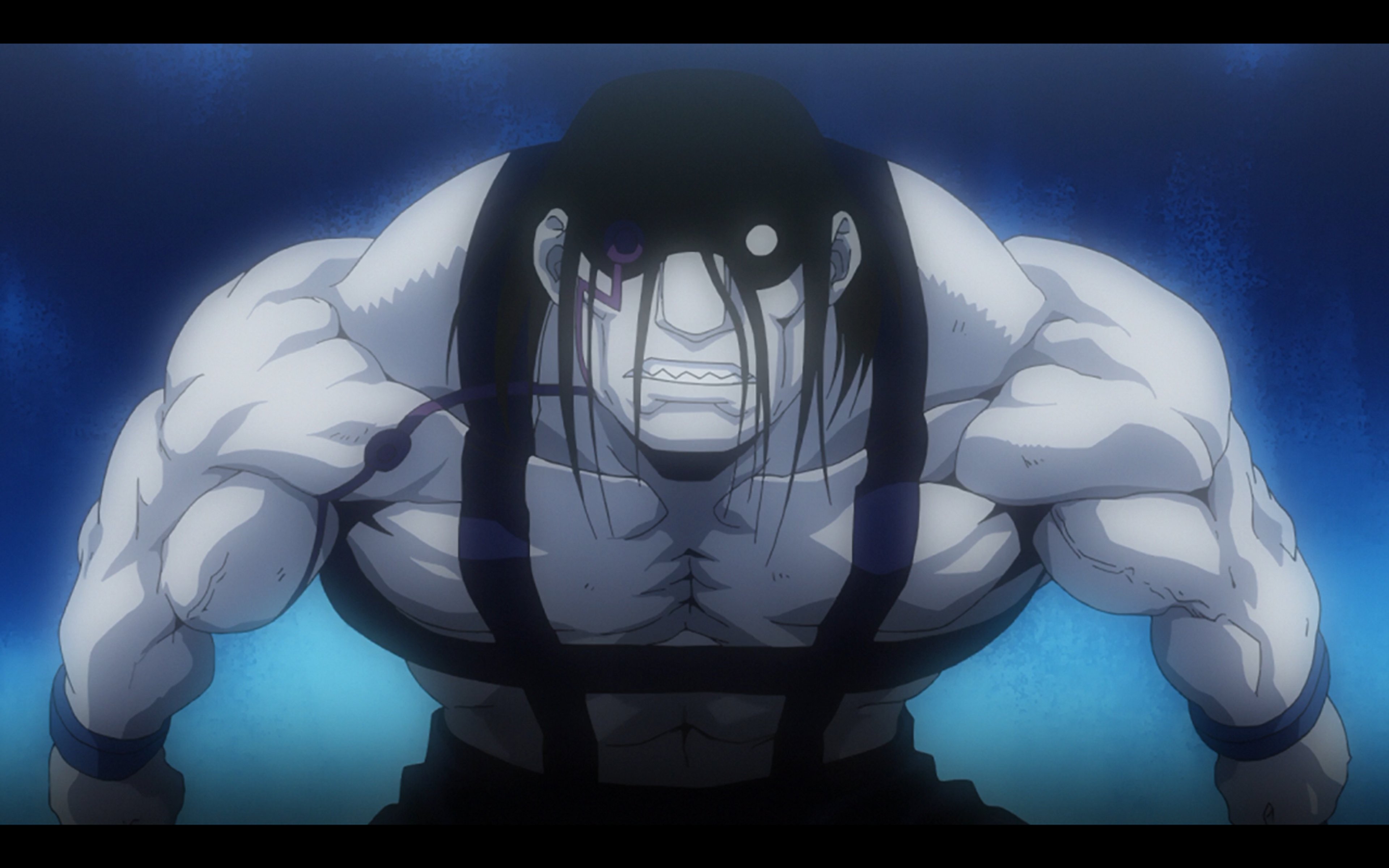 A large, muscular male character with long black hair and a single blank white eye, wearing black pants and boots but no shirt.