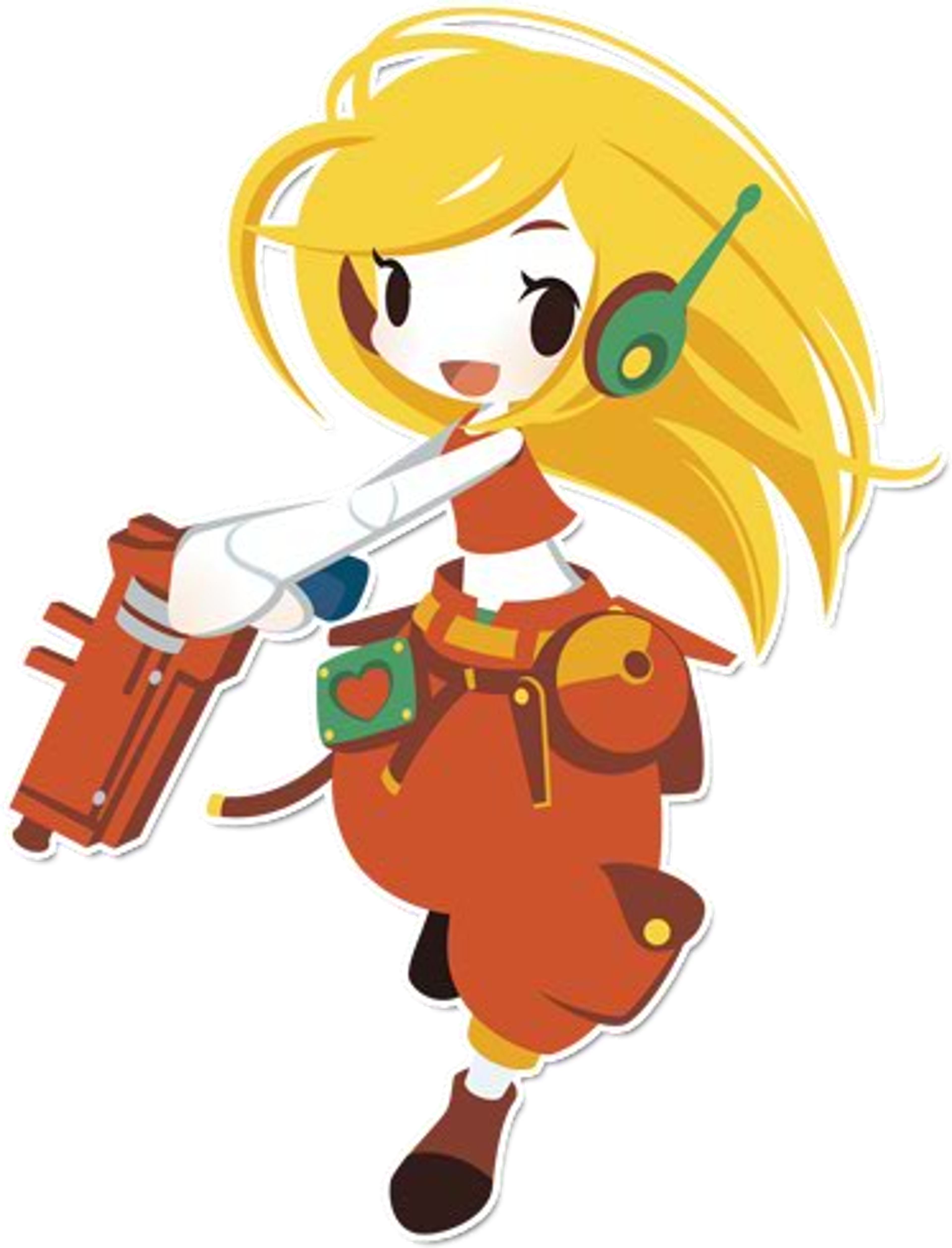 A female robot soldier character with white skin, long blonde hair, and blue eyes, wearing a crop top, cargo pants, and combat boots.