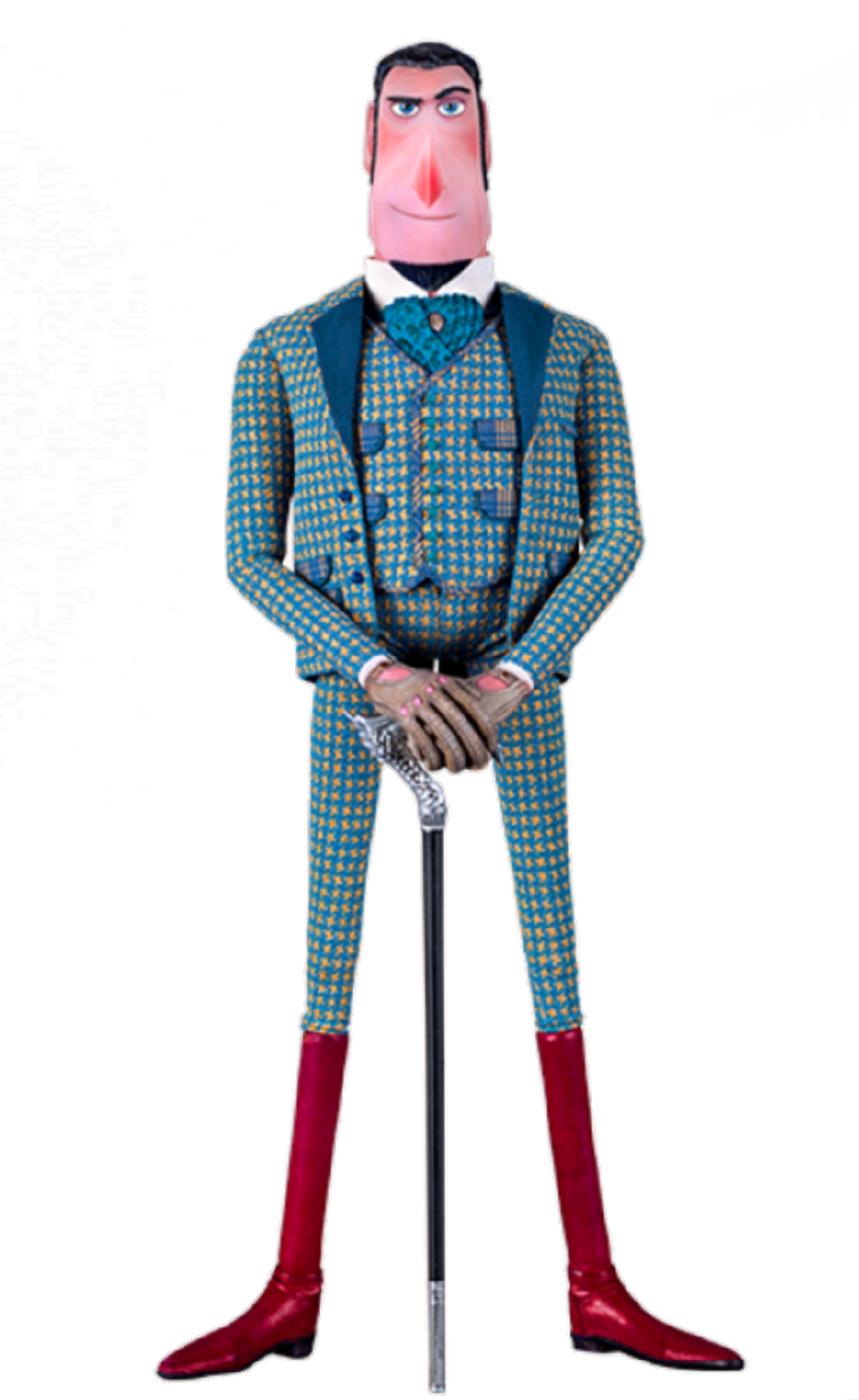 An eccentric-looking man in a plaid suit holding a cane