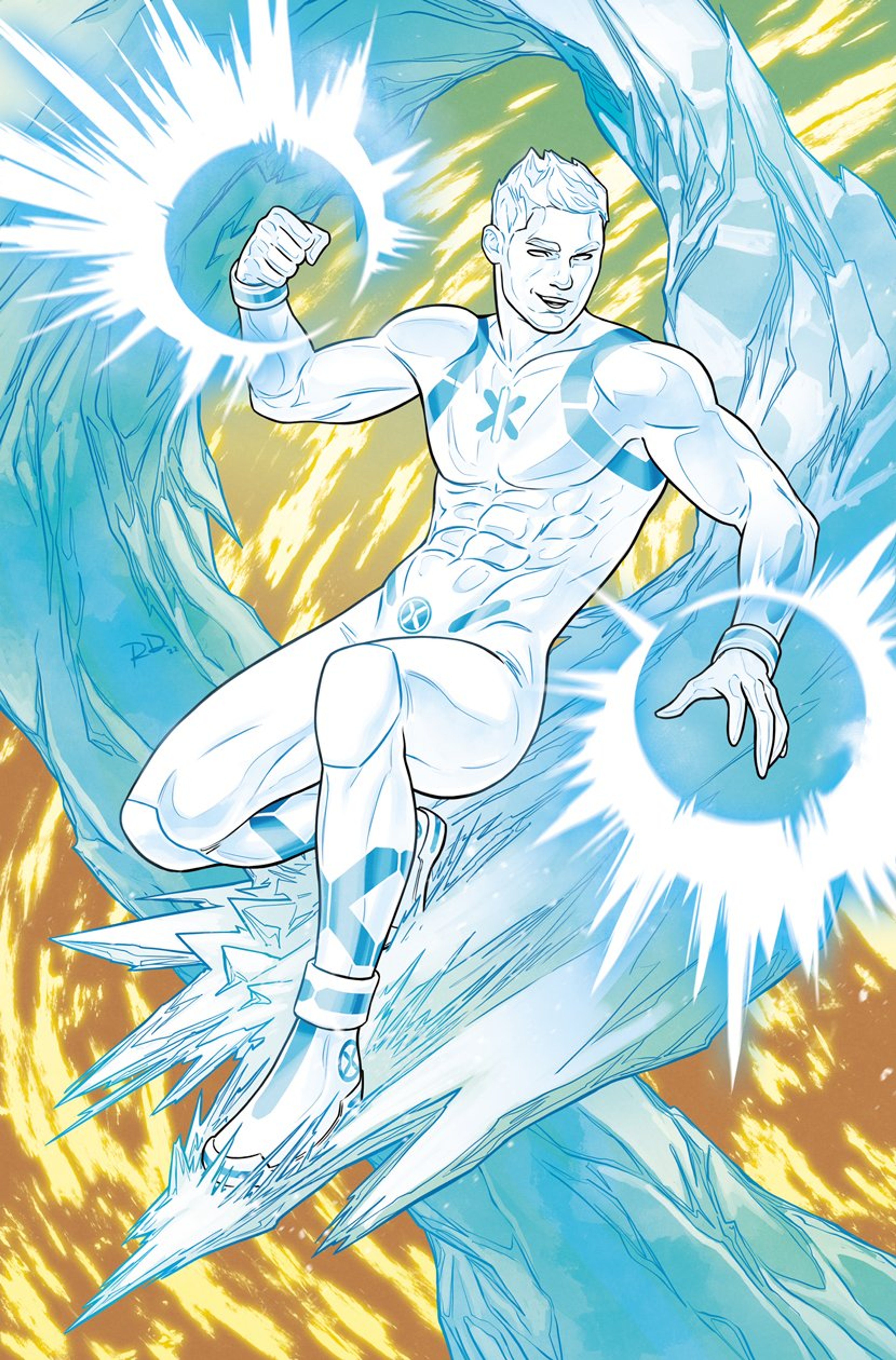 A muscular, icy blue-skinned male figure in a heroic pose, with glowing white energy surrounding him.