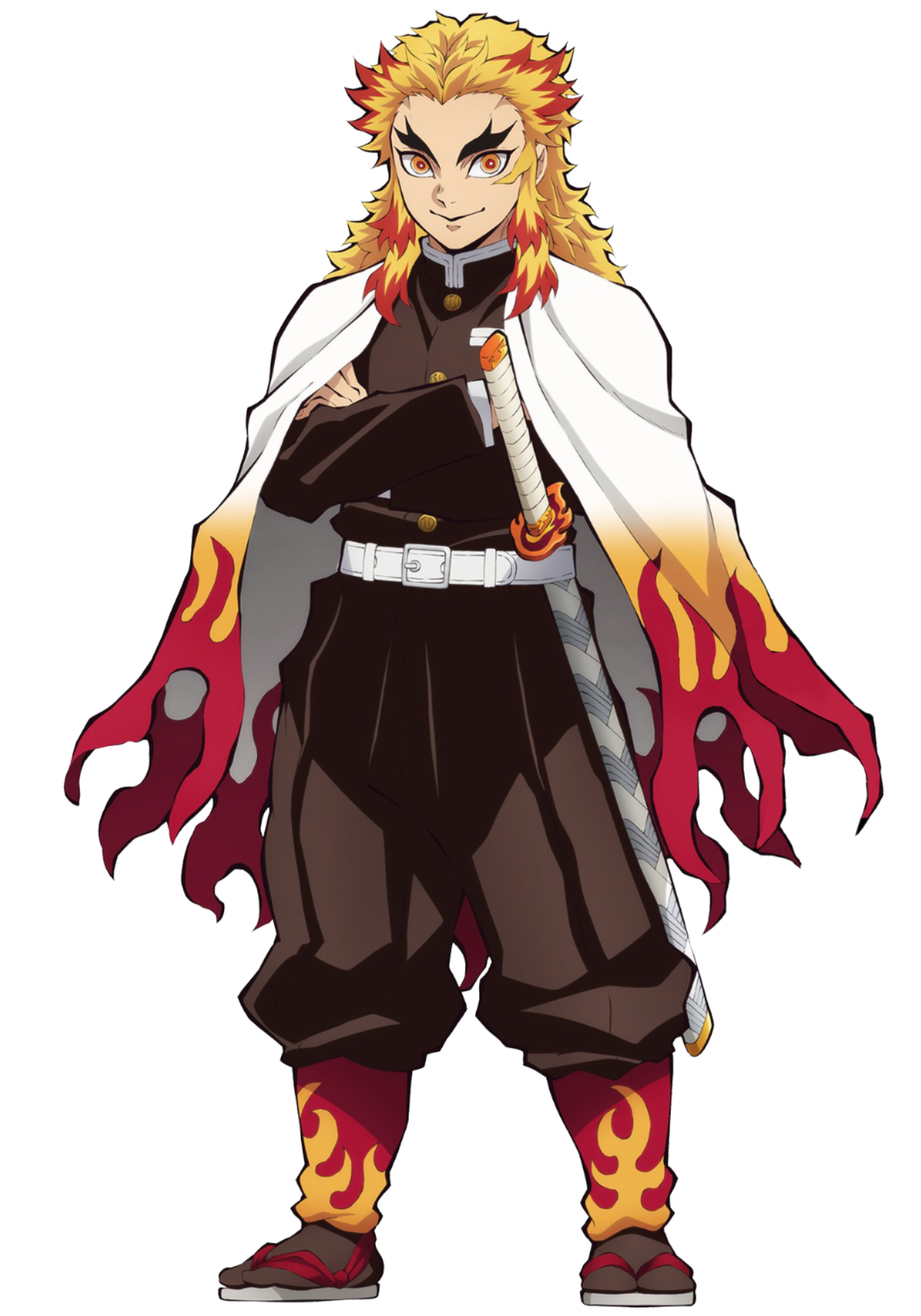 An anime character with orange hair and a black outfit with red flame-like patterns