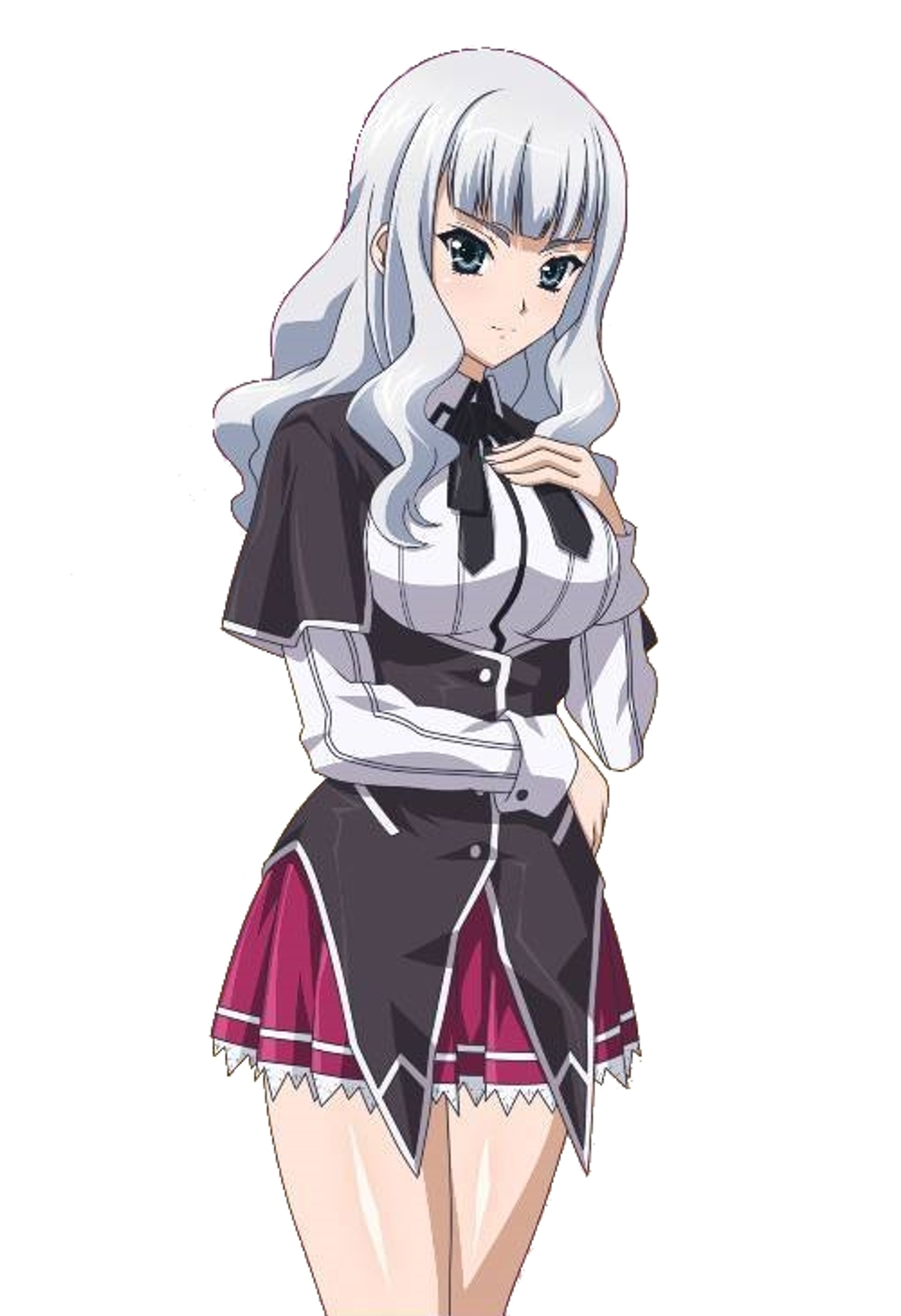 An anime-style character with white hair and blue-green eyes wearing a school uniform.