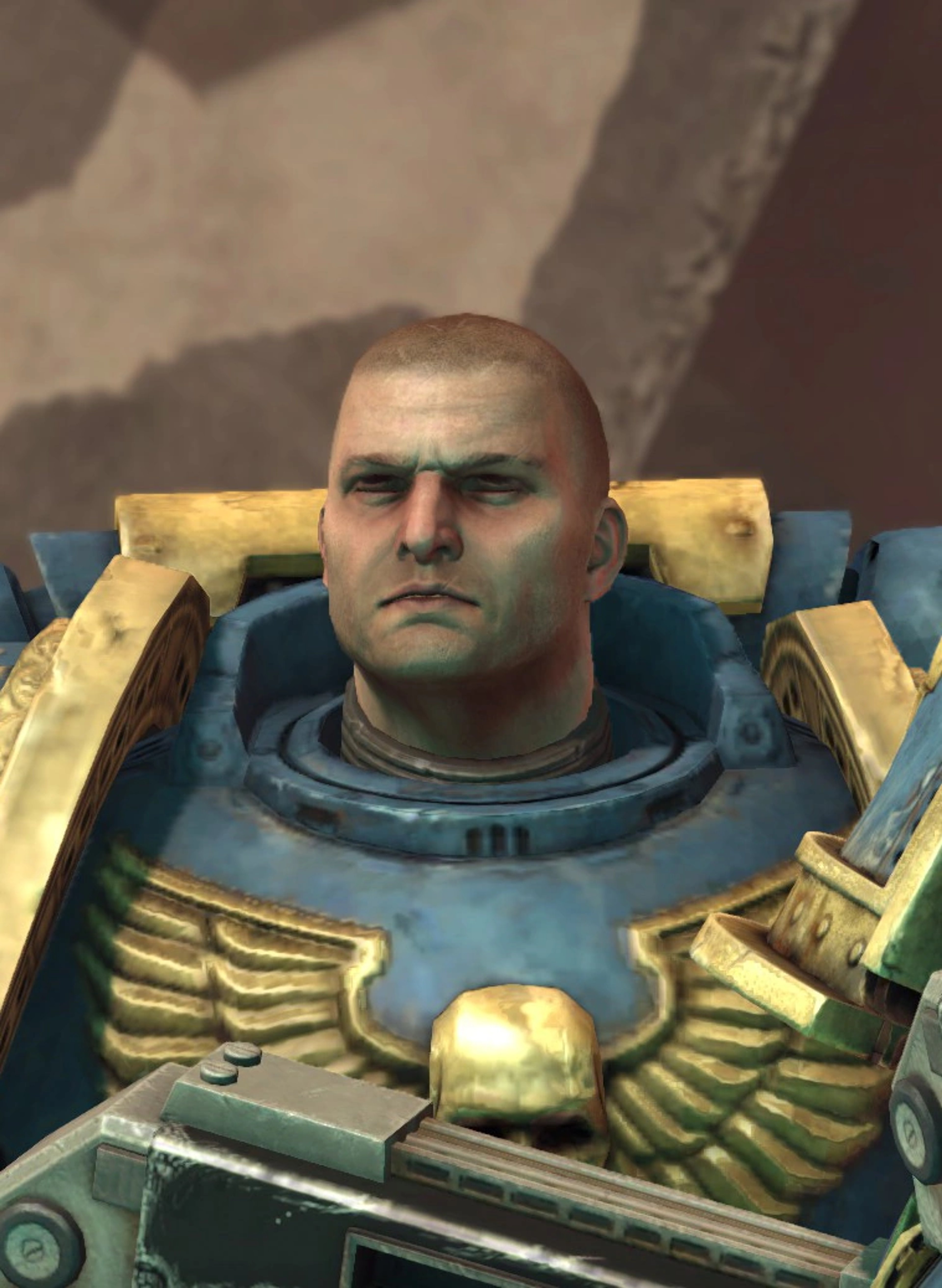 A bald, muscular Space Marine in blue and gold power armor with a stern expression