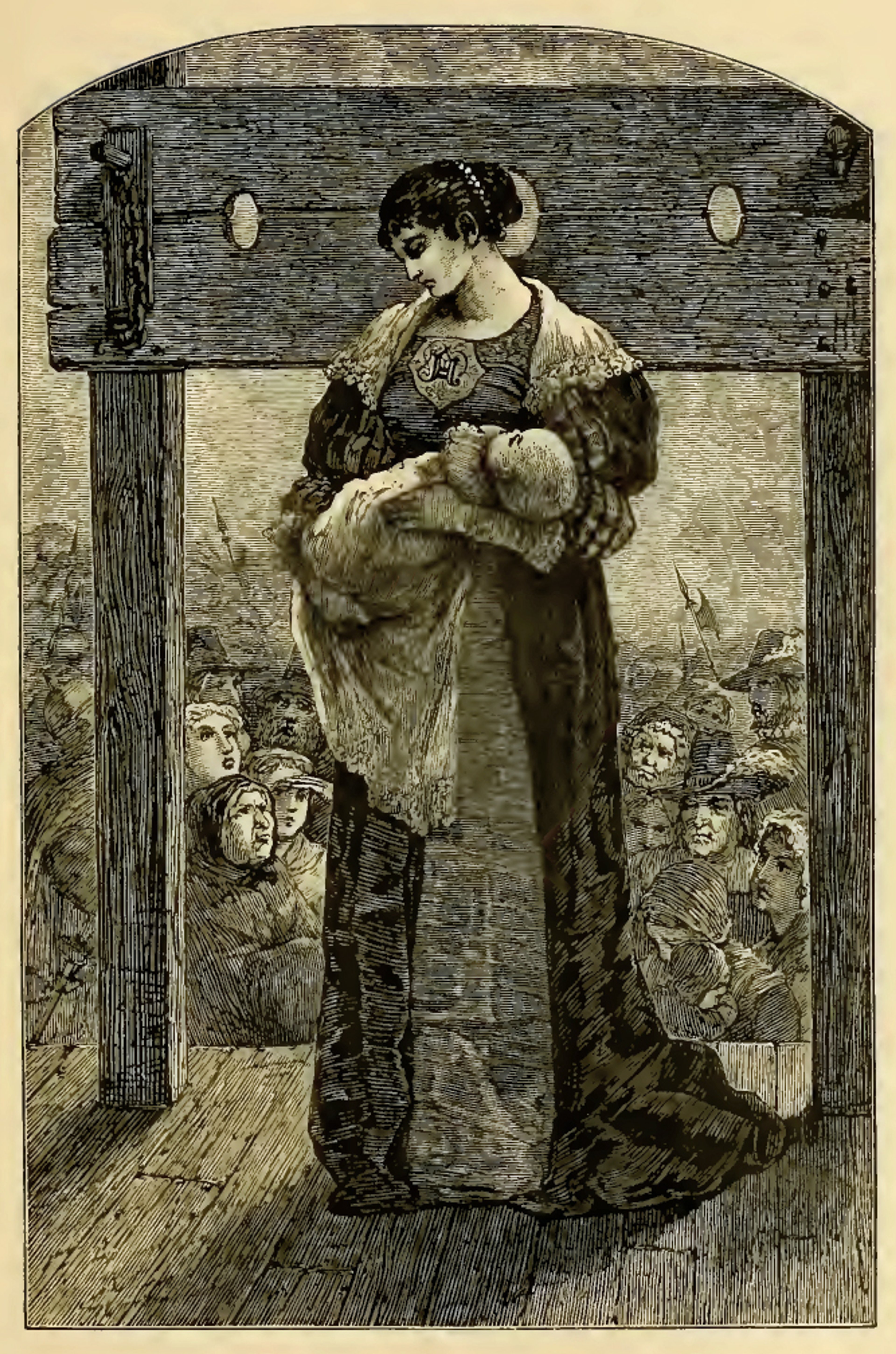 A woman in a dark dress holding a baby in a dimly lit interior