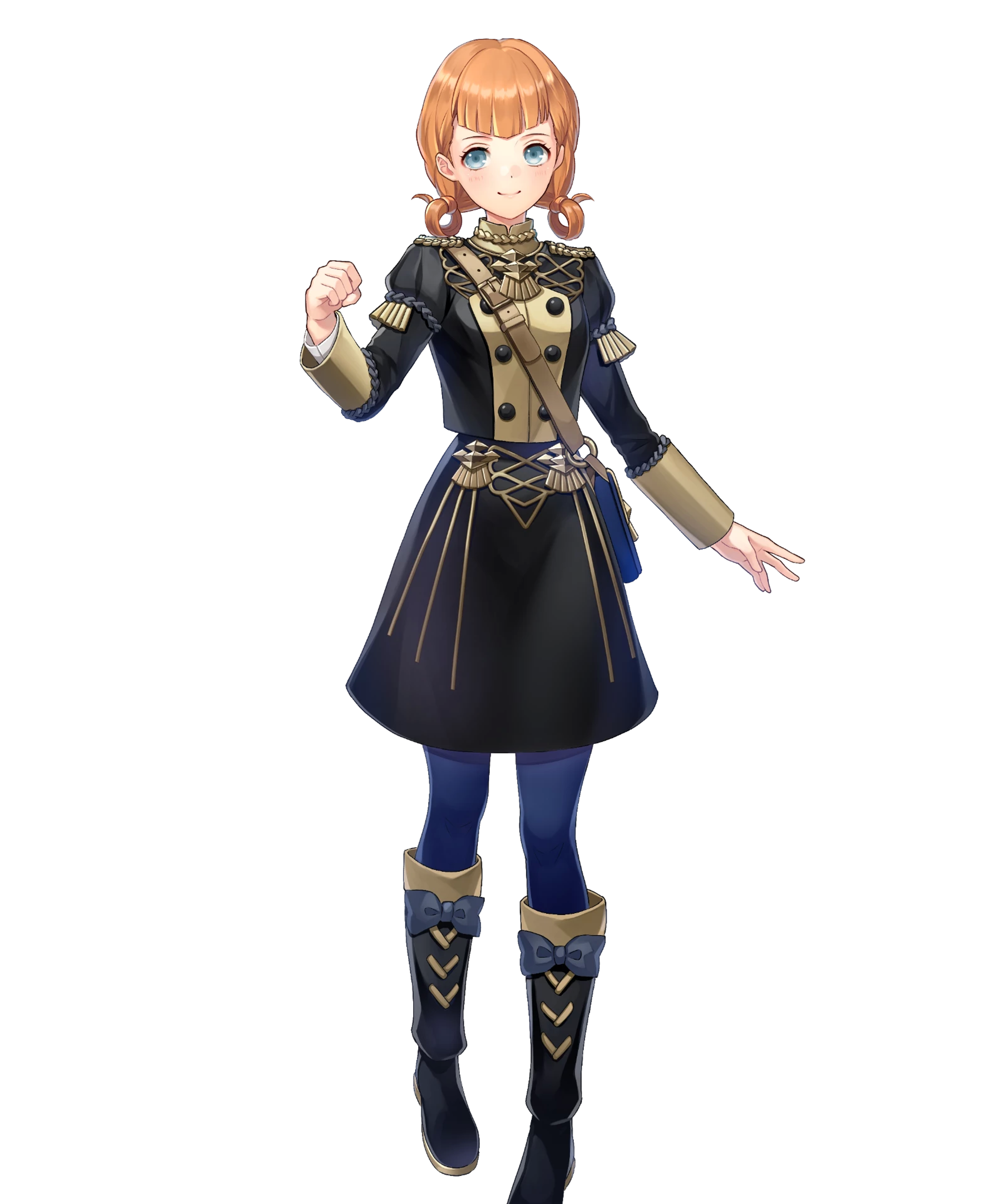 A young woman with orange hair wearing a dark blue uniform with gold accents