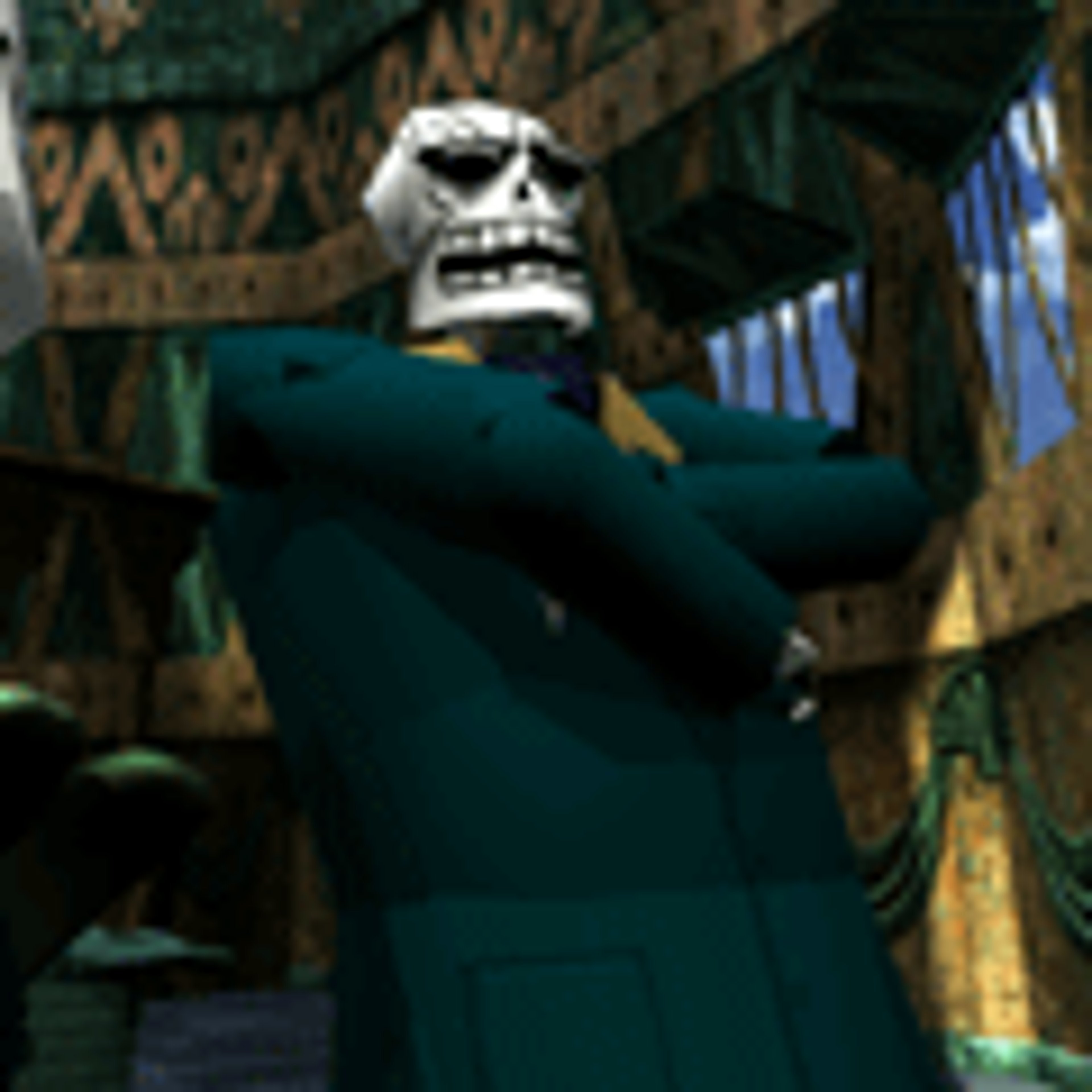 A character wearing a dark green suit and hat, with a skeletal mask covering their face.