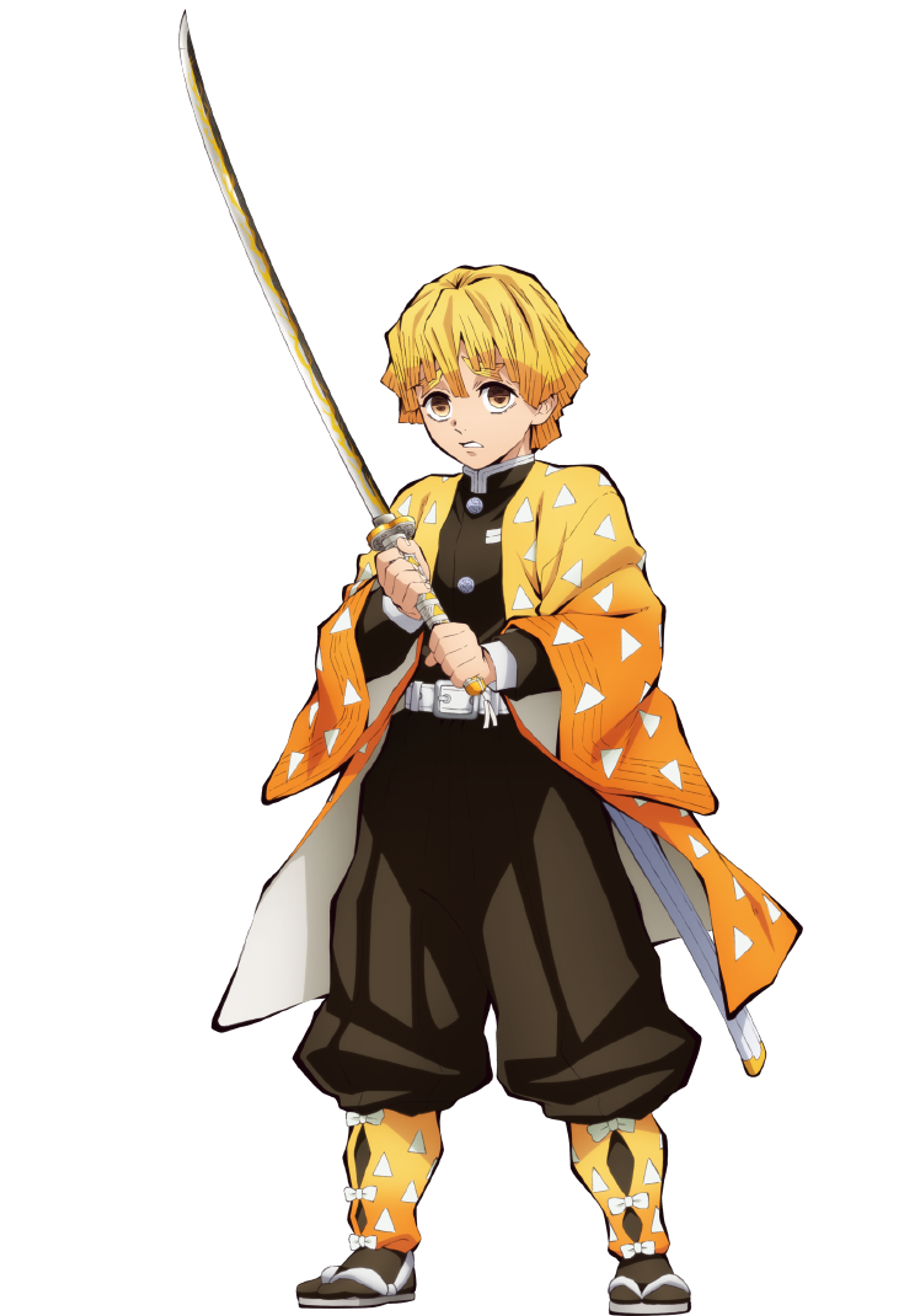 An anime-style character with blonde hair and a yellow and orange outfit holding a sword.