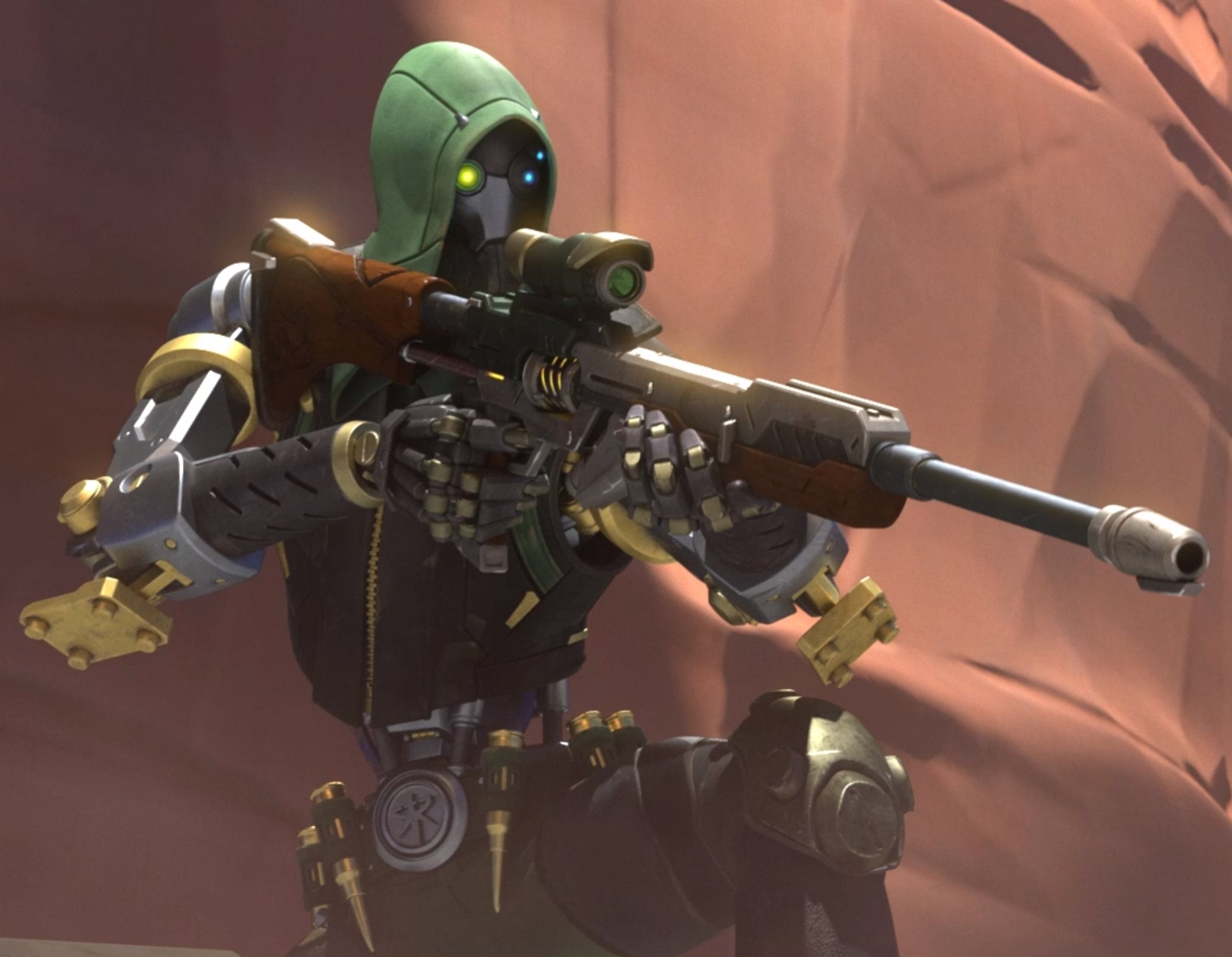An Omnic sniper character with a futuristic, military-grade design holding a sniper rifle.