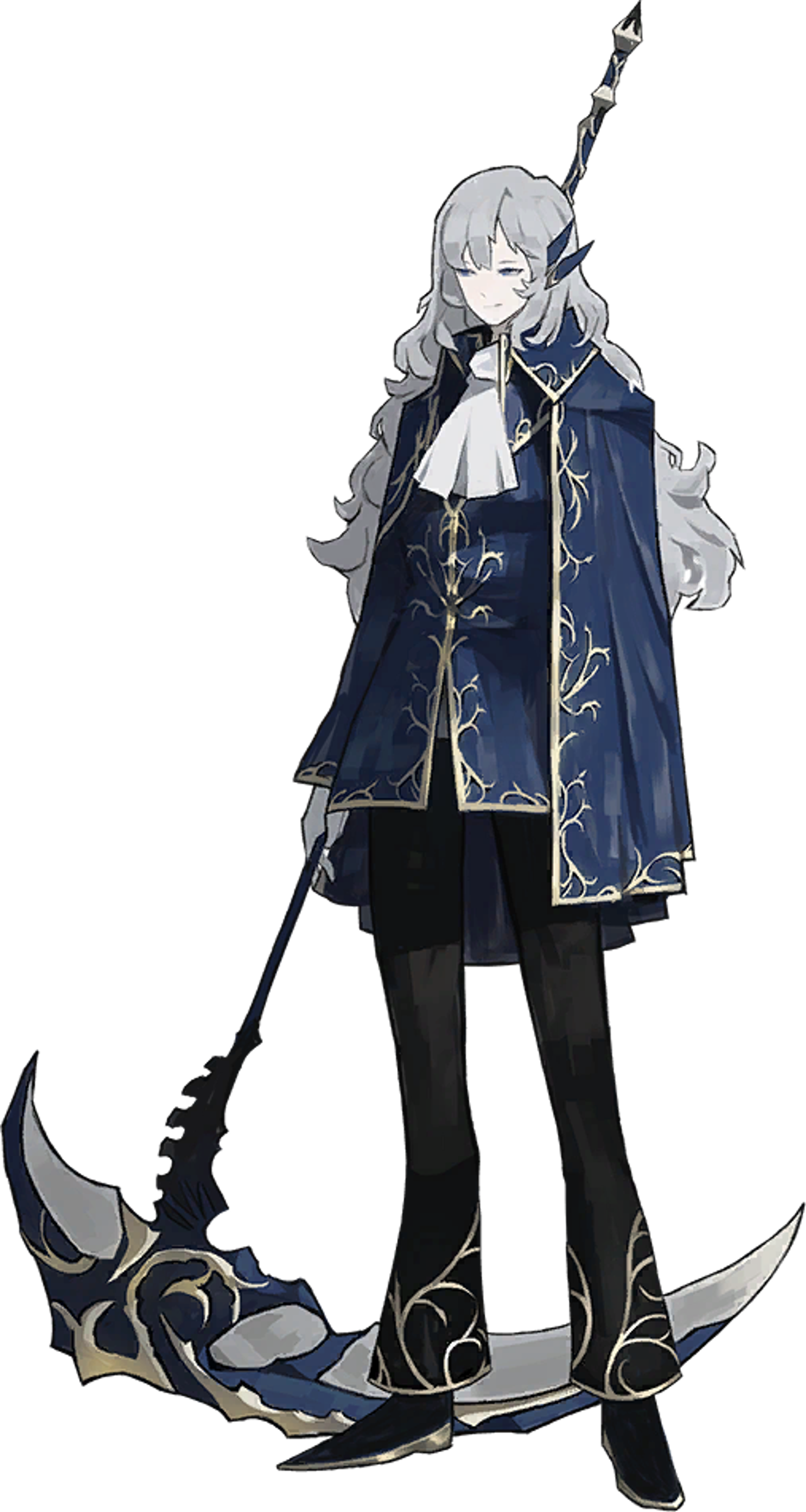 An elegant anime-style character with long platinum hair and blue eyes, wearing a blue and gold outfit and holding a baton or conductor's wand.