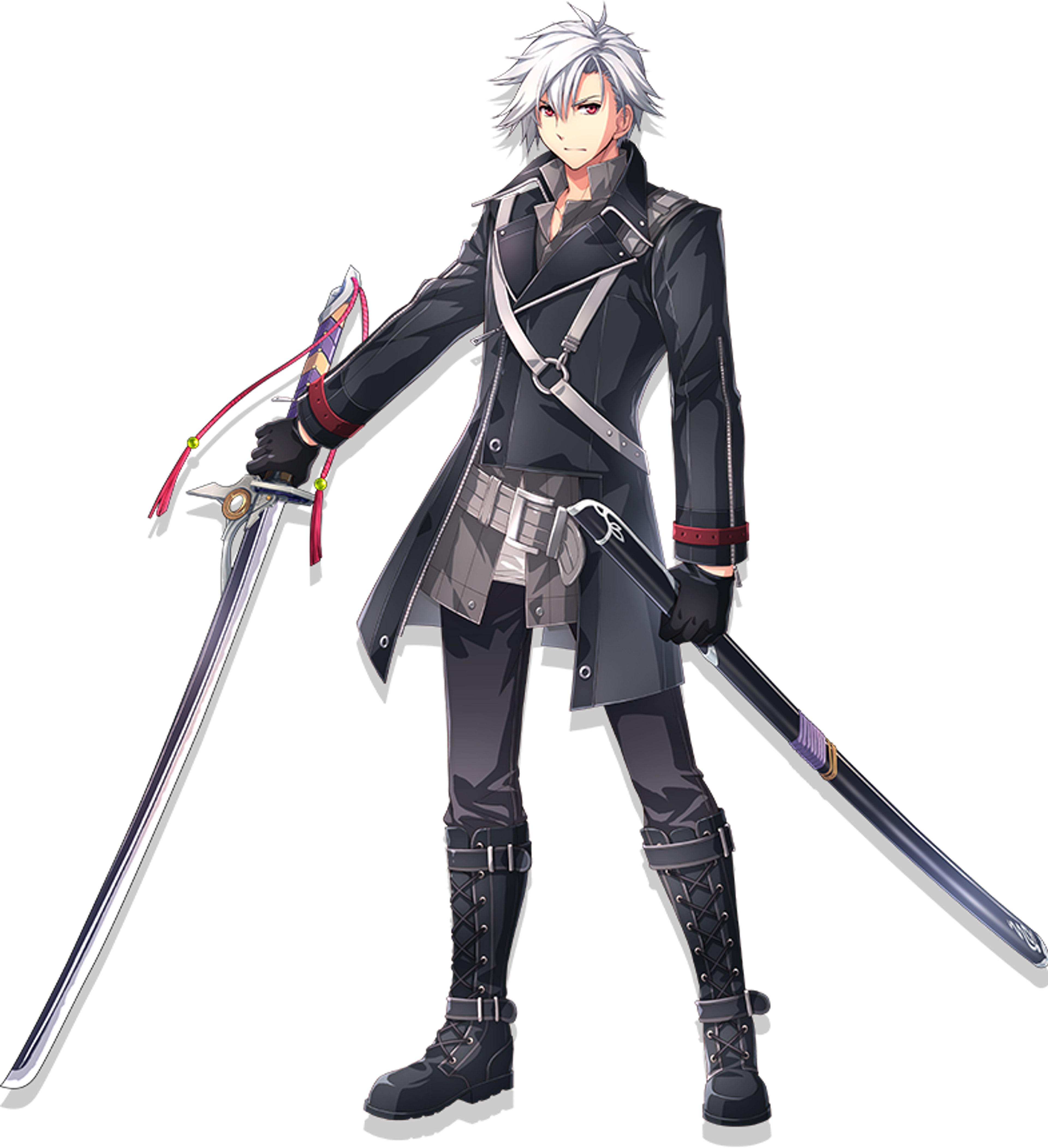 A young man with silver-white hair wearing a black military uniform and holding a sword