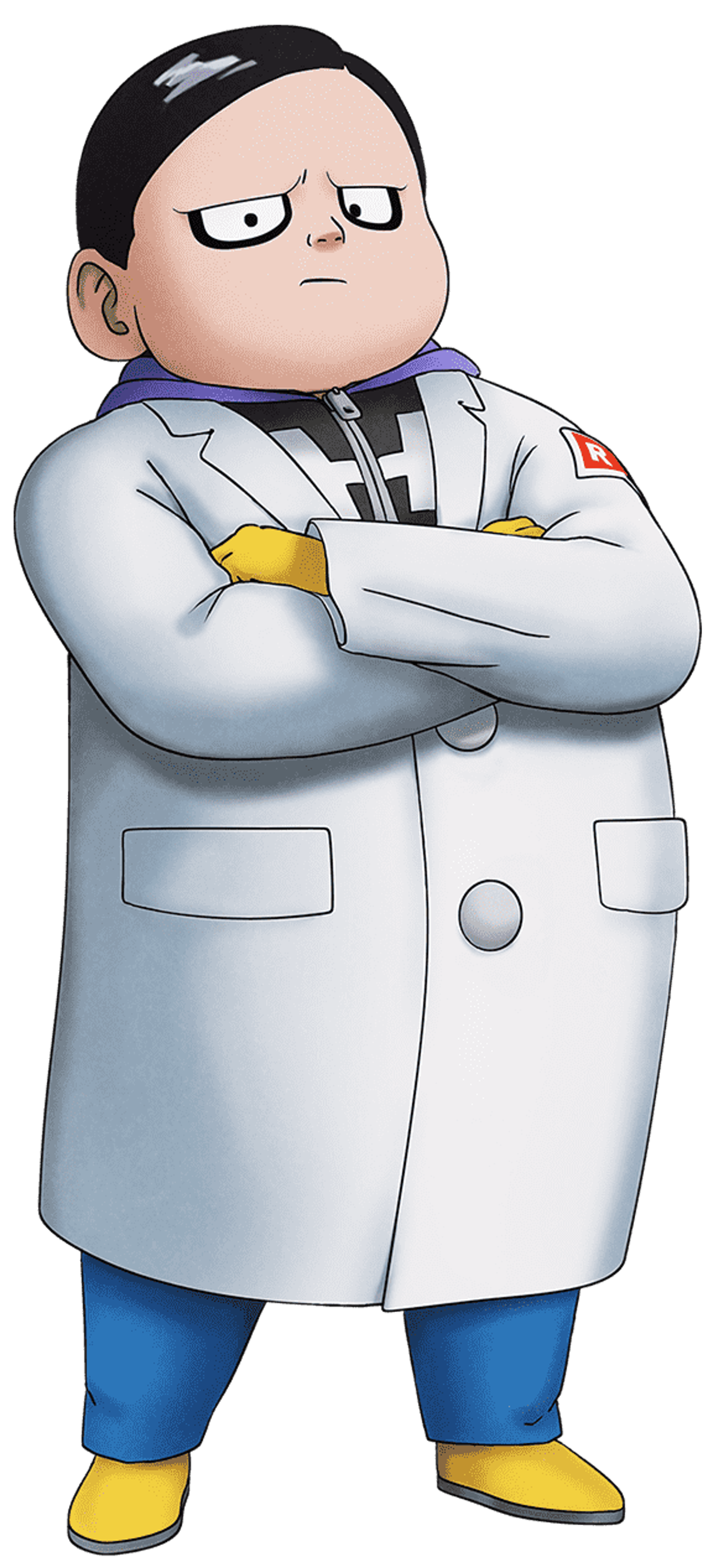 A cartoon character in a lab coat with a serious expression