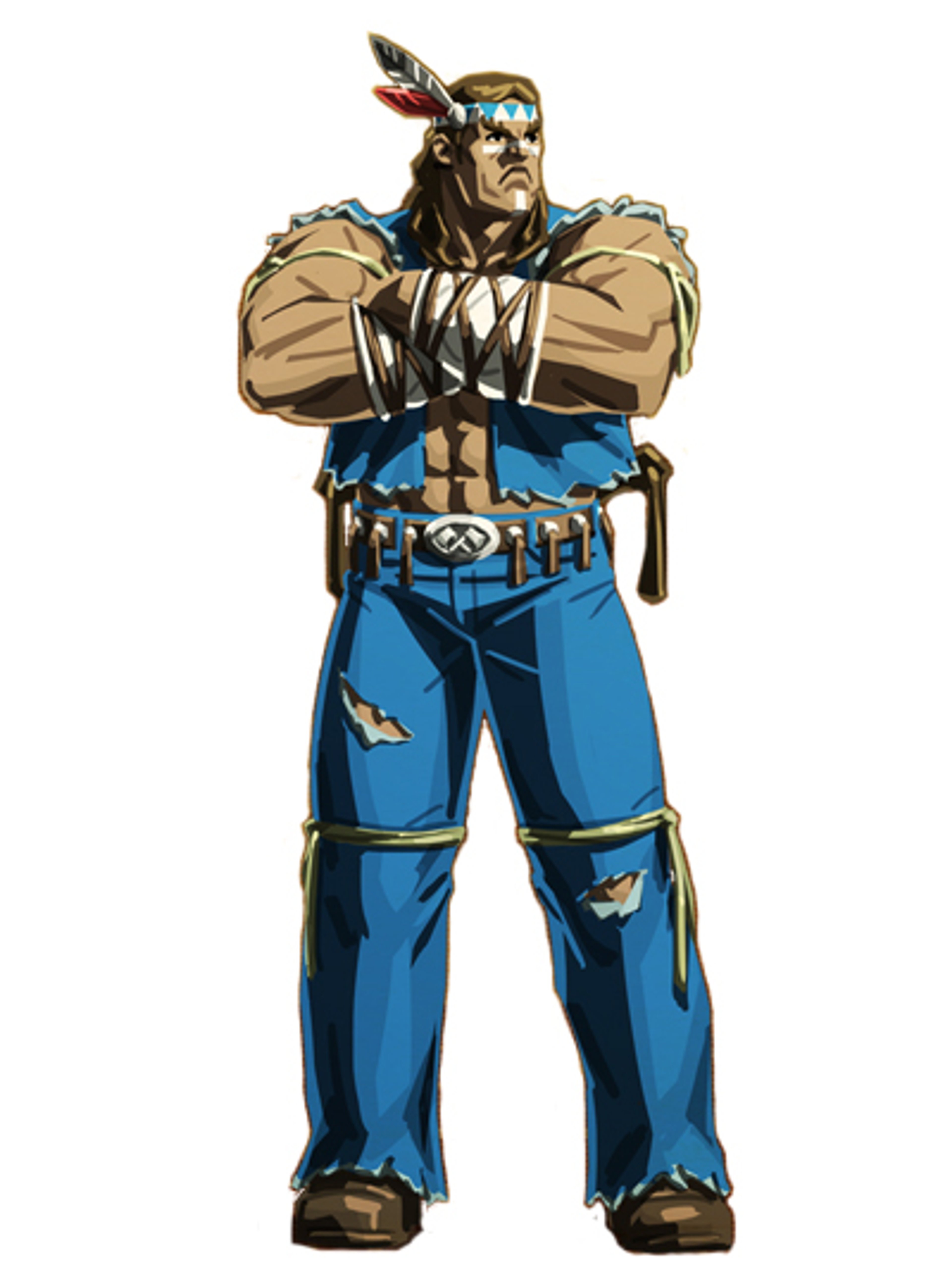 A large, muscular Native American man in traditional warrior attire