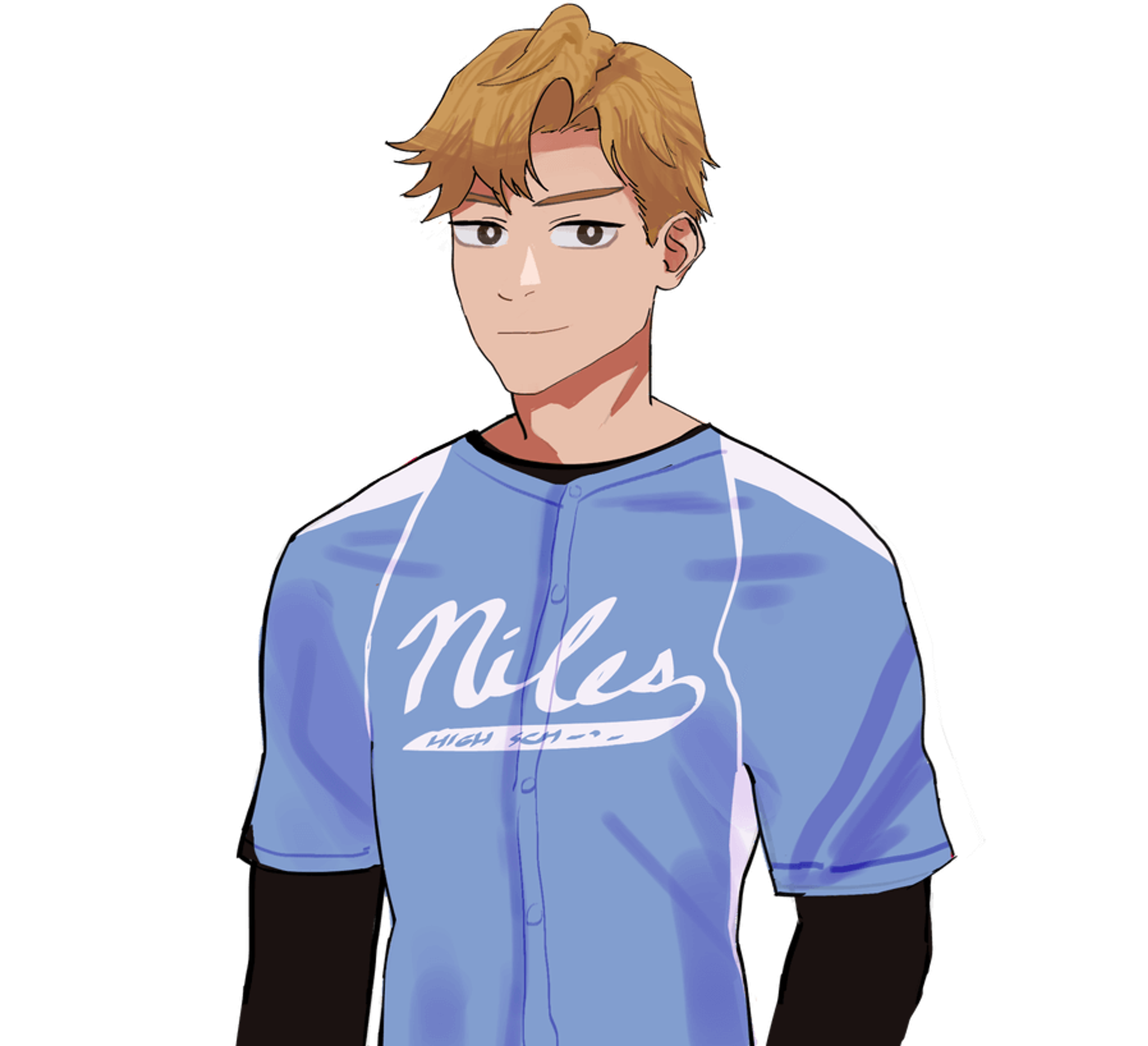 A young man in a blue baseball jersey